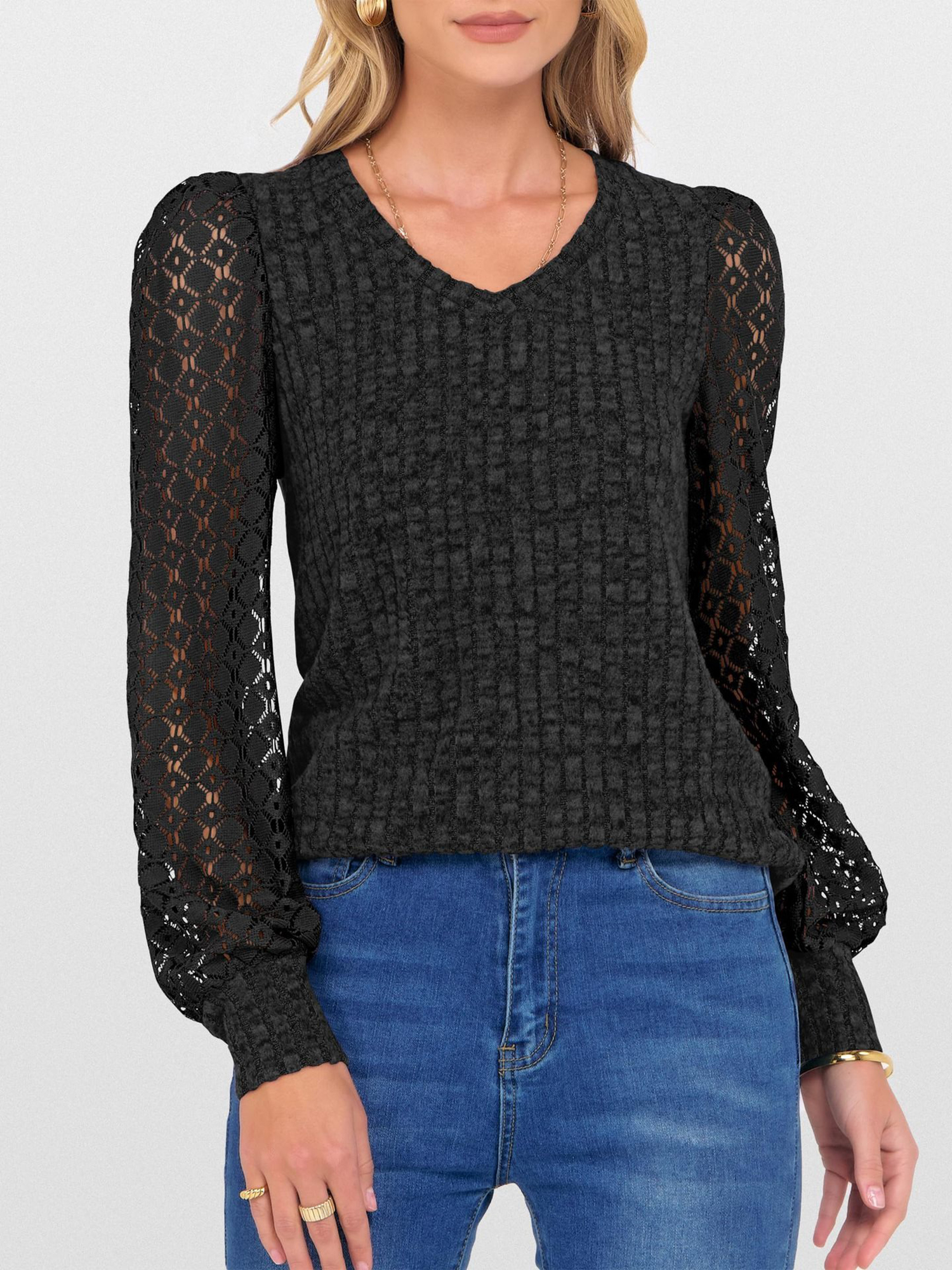 Lace Patchwork V Neck Puff Long Sleeves Blouse Black/S