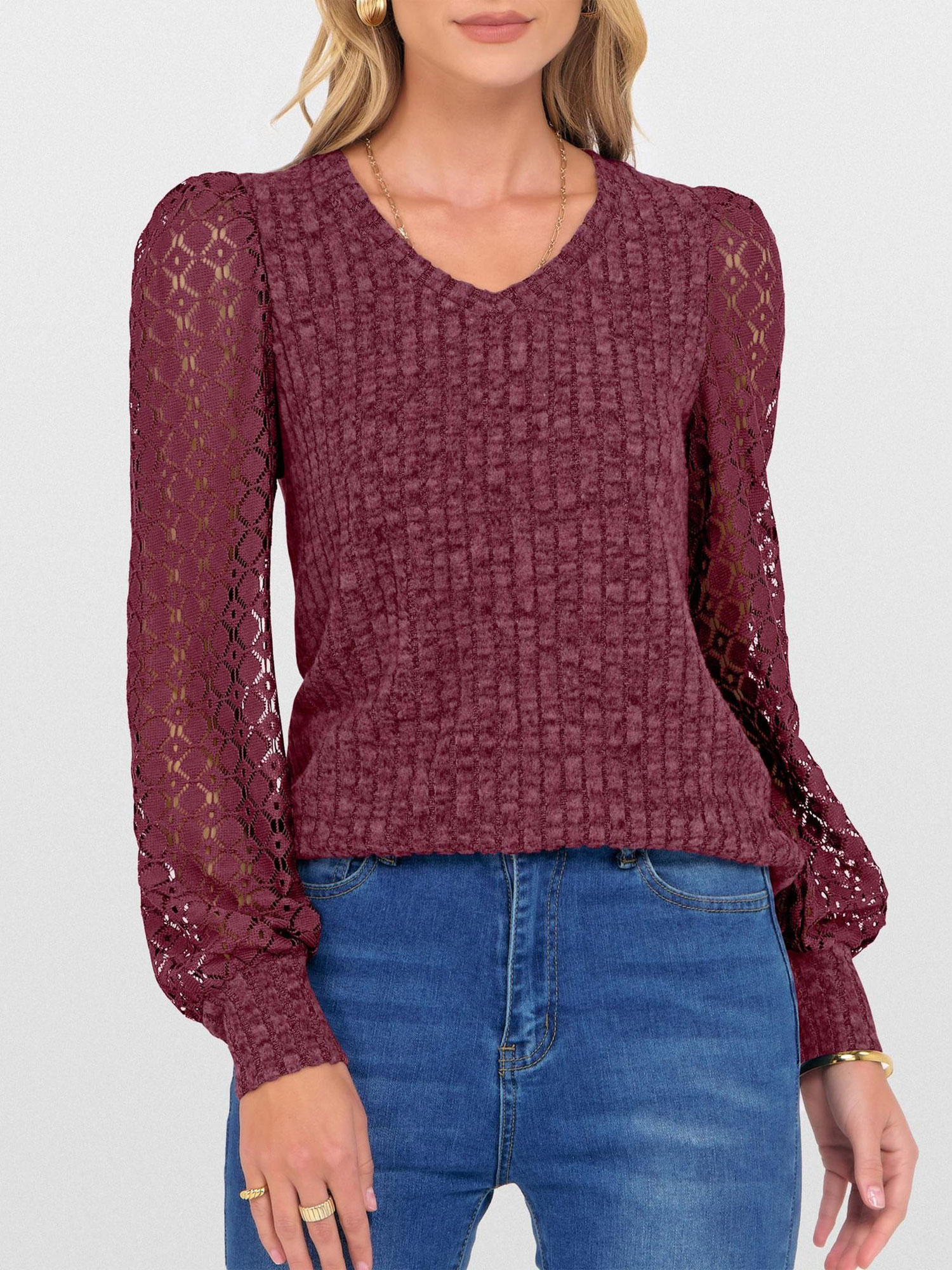Lace Patchwork V Neck Puff Long Sleeves Blouse Burgundy/S
