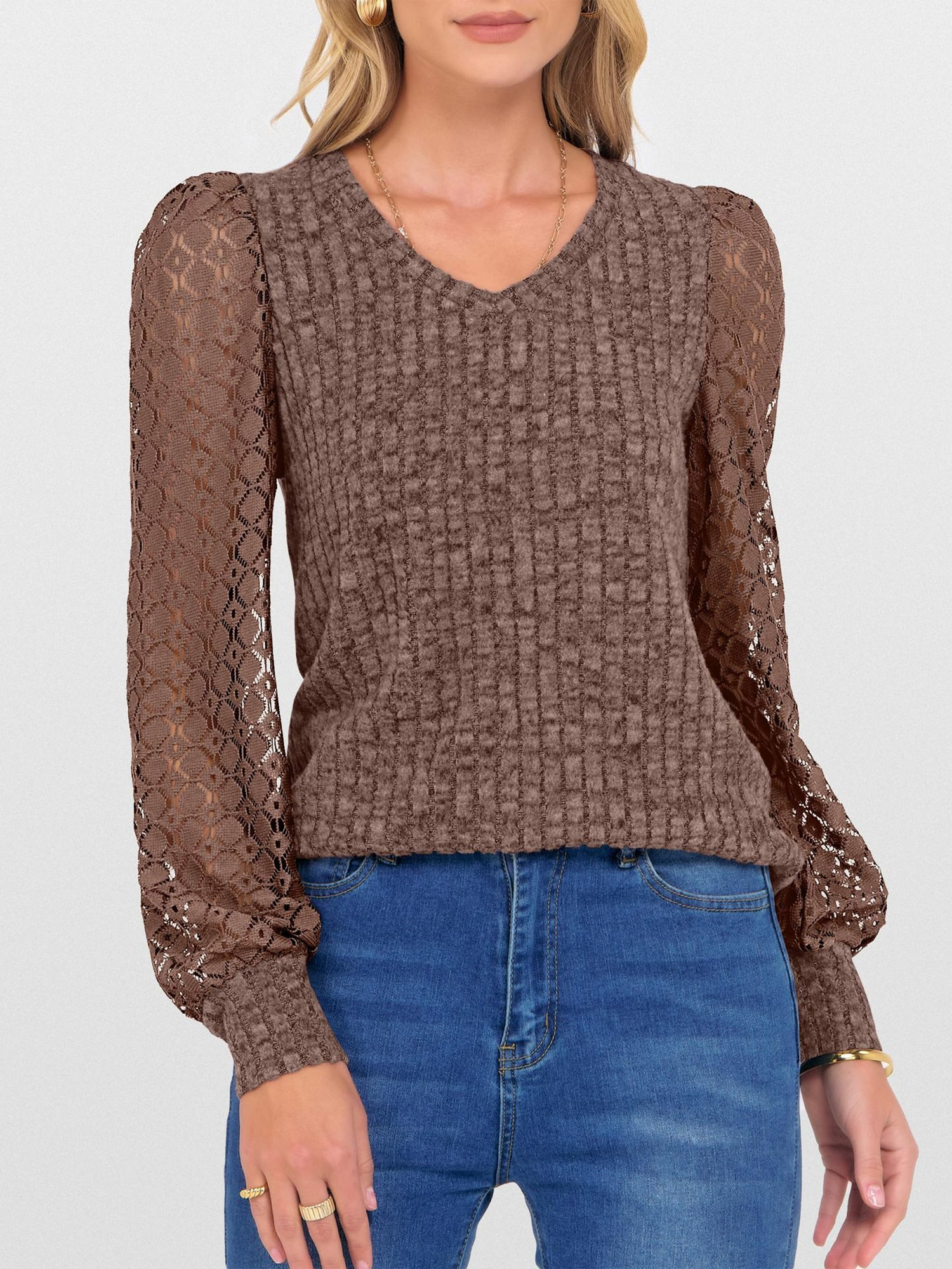 Lace Patchwork V Neck Puff Long Sleeves Blouse Brown/L