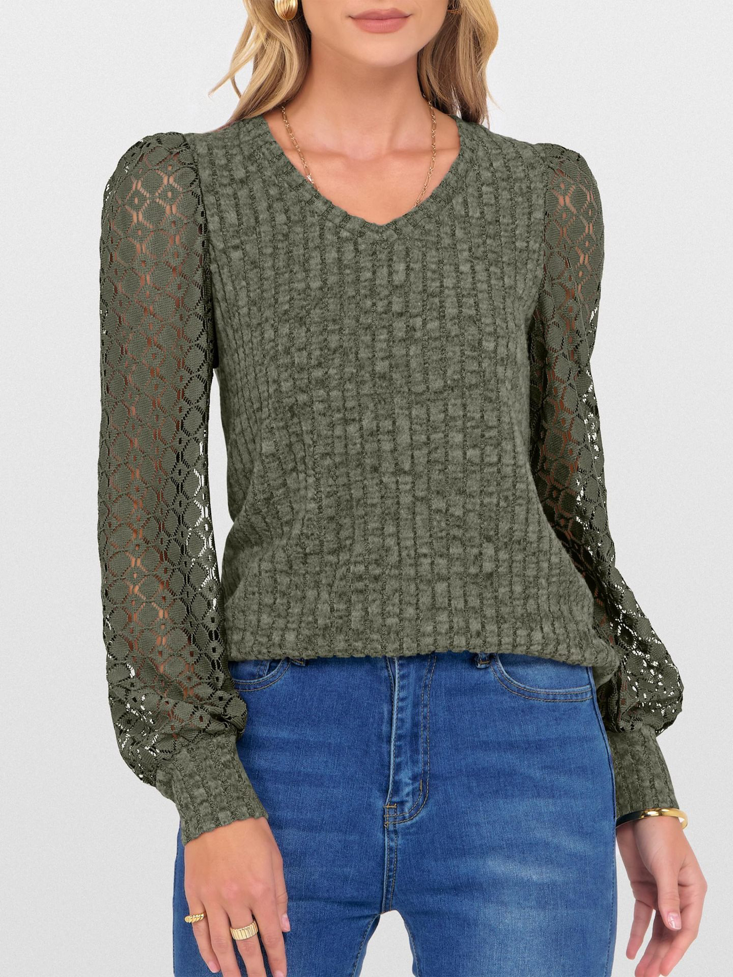 Lace Patchwork V Neck Puff Long Sleeves Blouse Army Green/2XL
