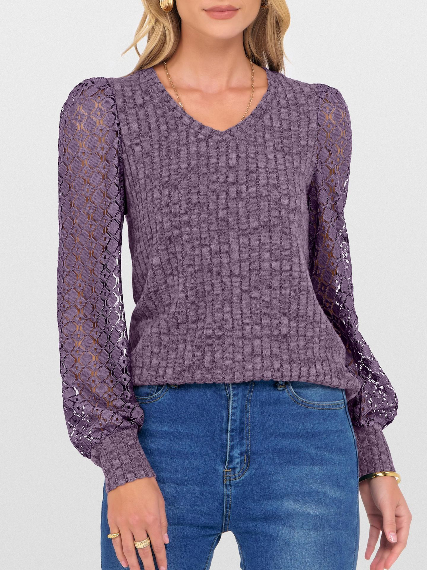 Lace Patchwork V Neck Puff Long Sleeves Blouse Purple/2XL