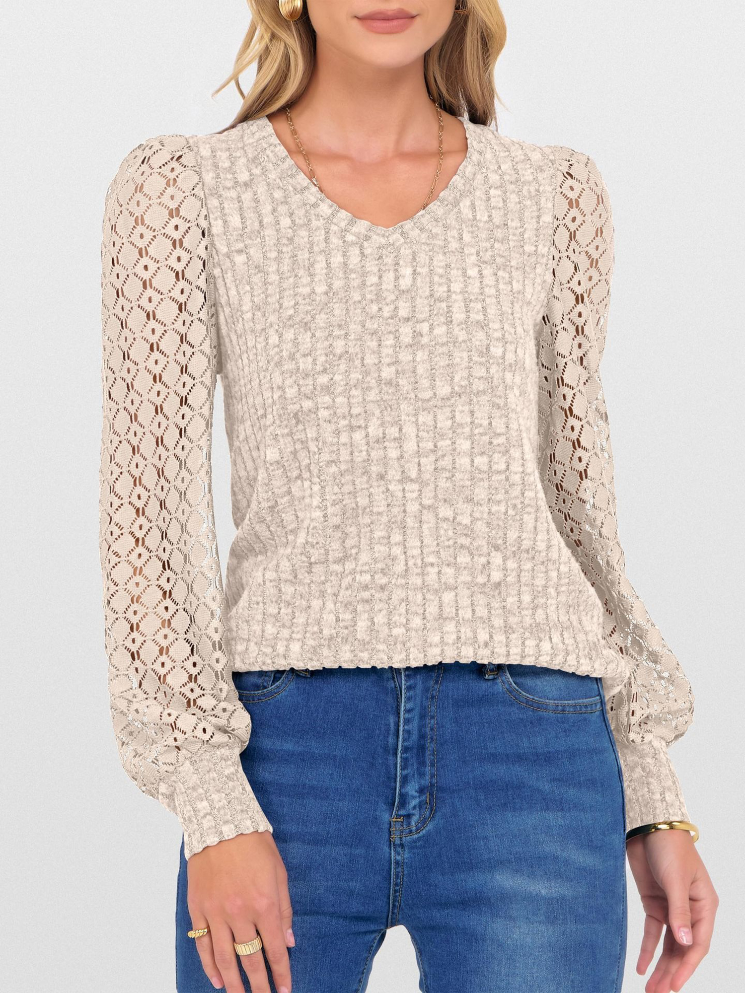 Lace Patchwork V Neck Puff Long Sleeves Blouse Apricot/XL