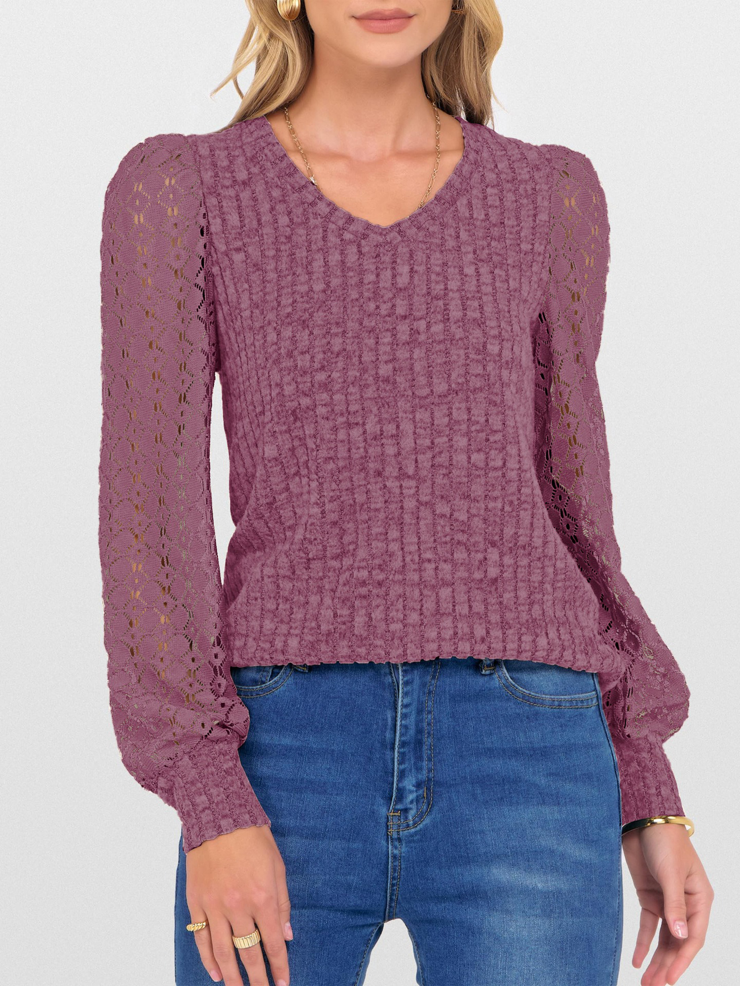 Lace Patchwork V Neck Puff Long Sleeves Blouse Light Purple/M