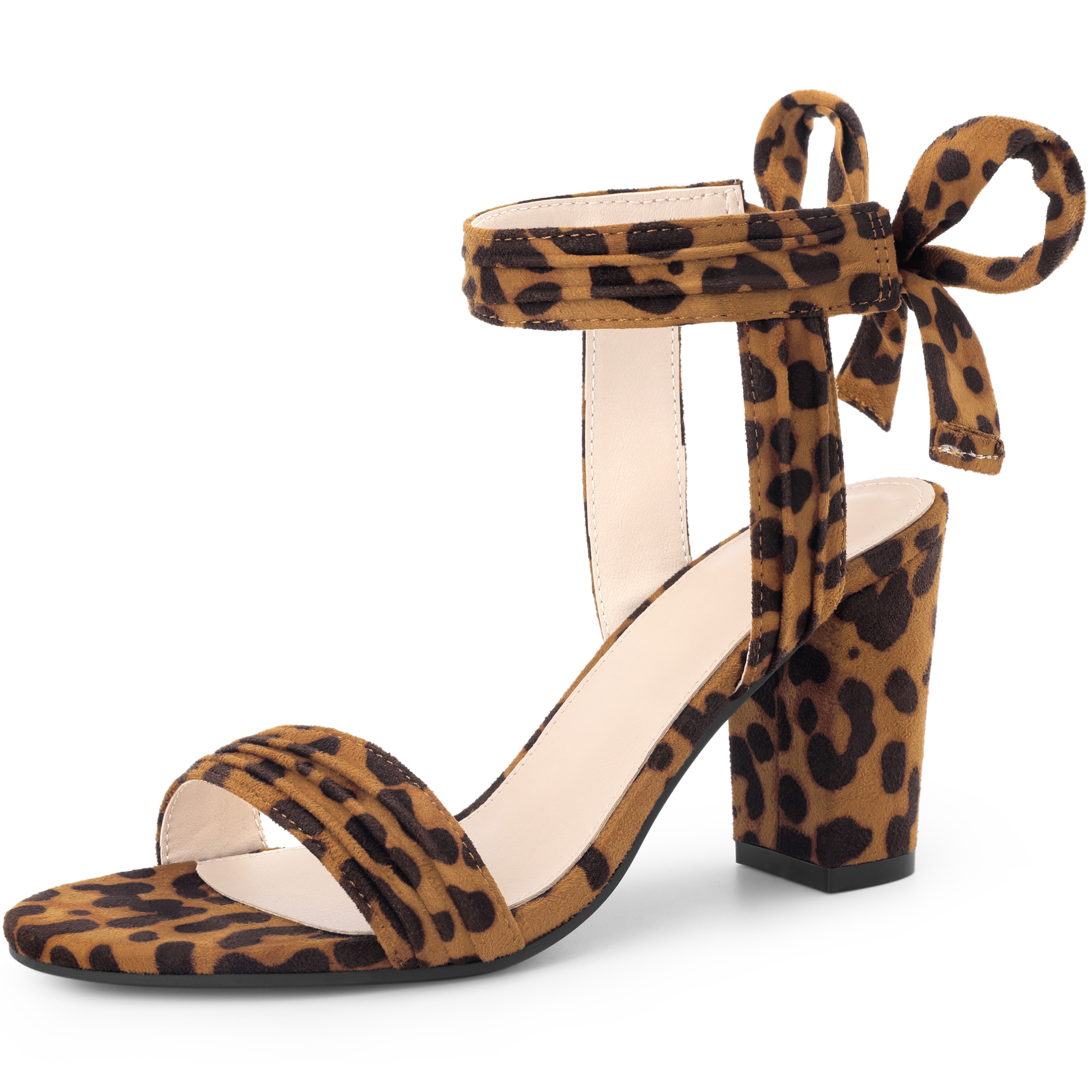 Open Toe Ankle Tie Back Faux Suede Chunky Heel Sandals Leopard/6.5