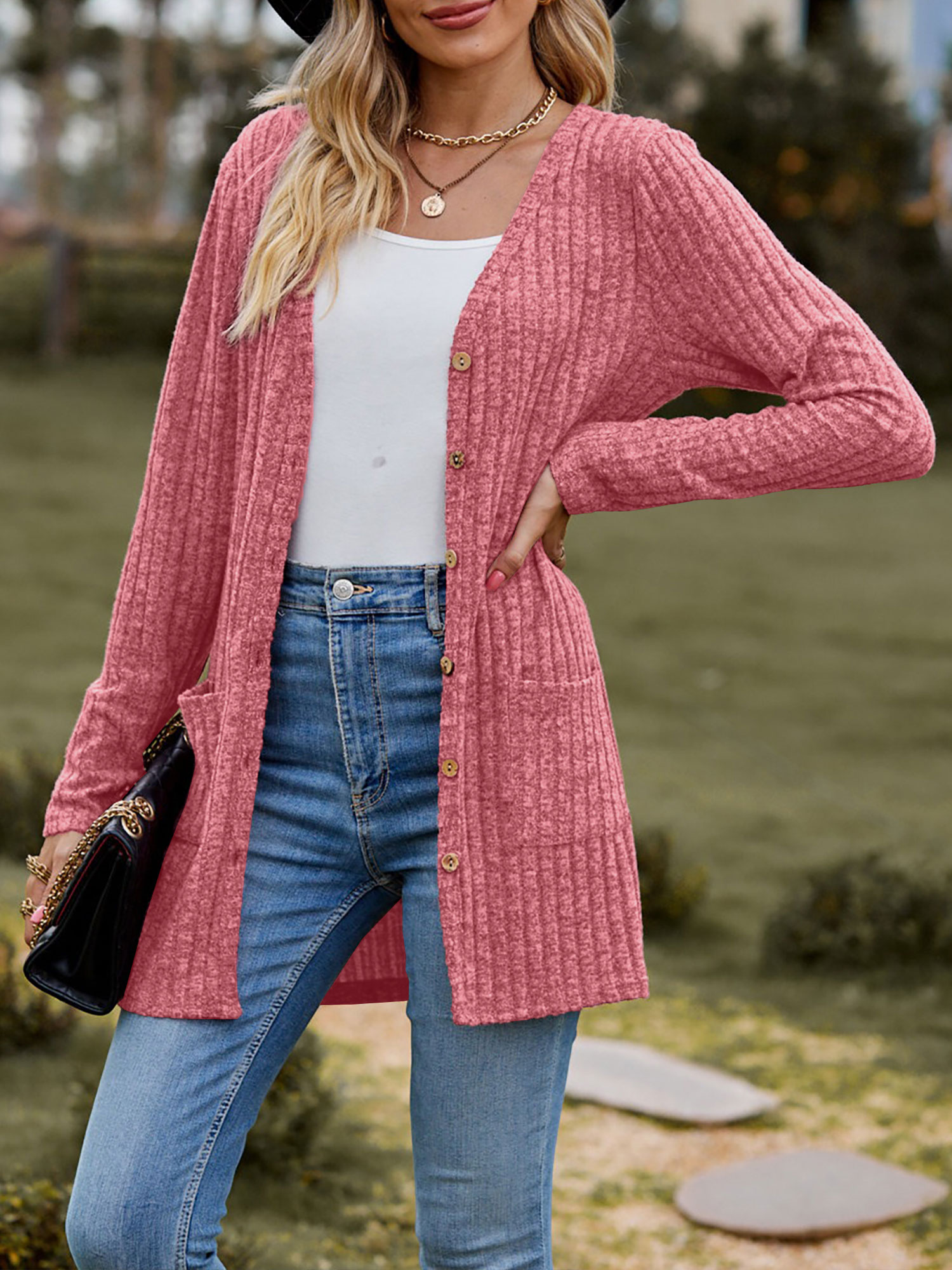 Solid Color Long Sleeve Buttoned Pockets Cardigan Burgundy/M