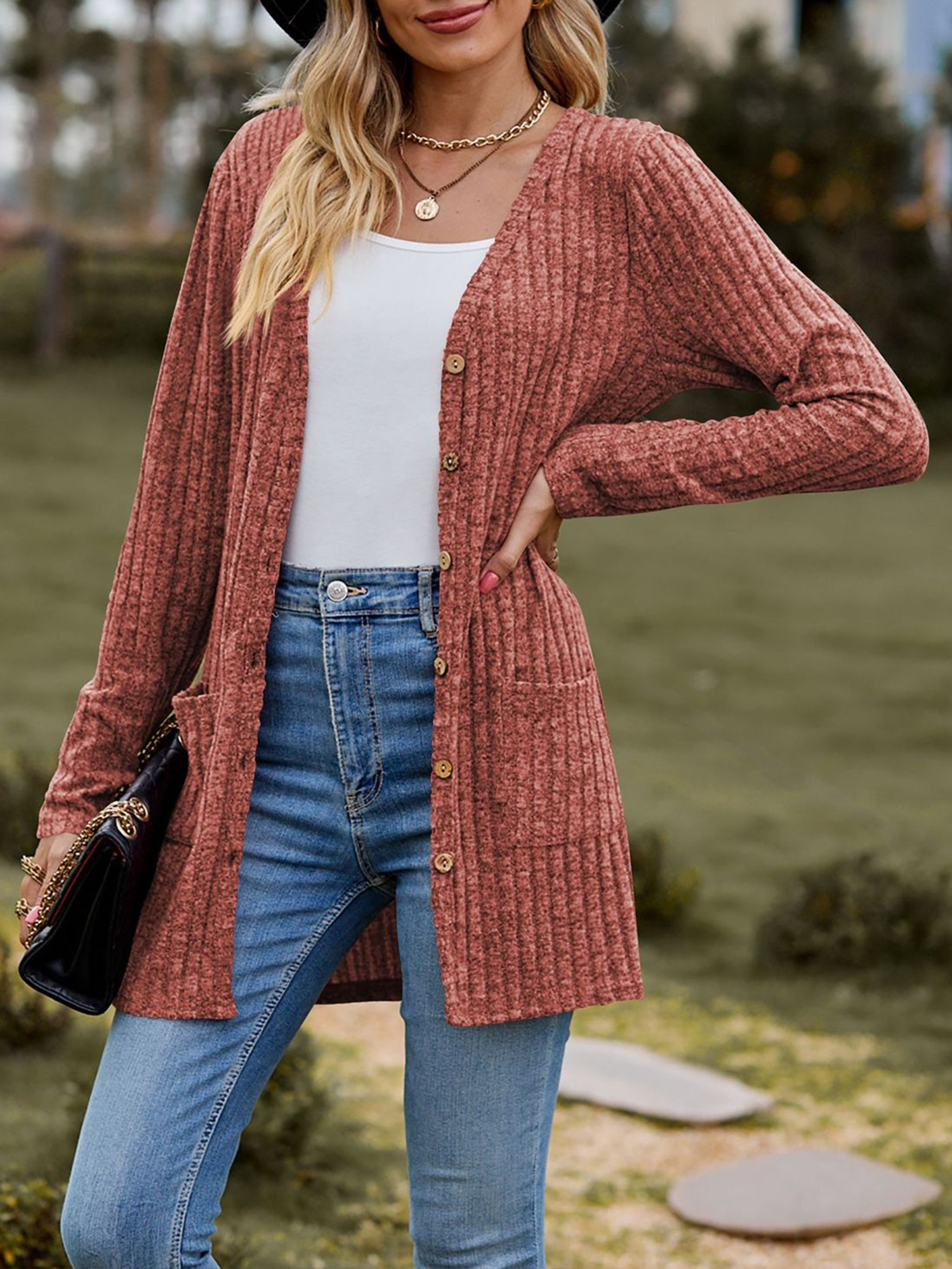 Solid Color Long Sleeve Buttoned Pockets Cardigan Red/L