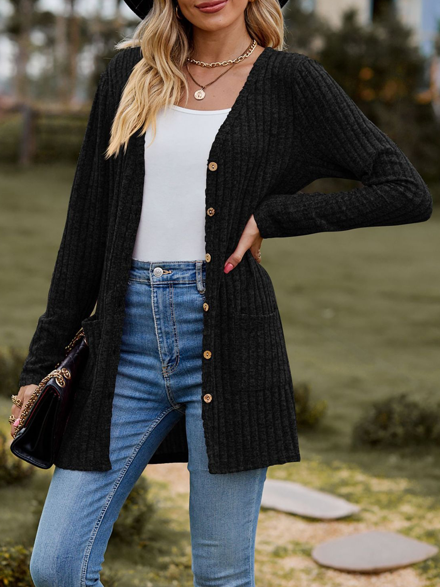 Solid Color Long Sleeve Buttoned Pockets Cardigan Black/S