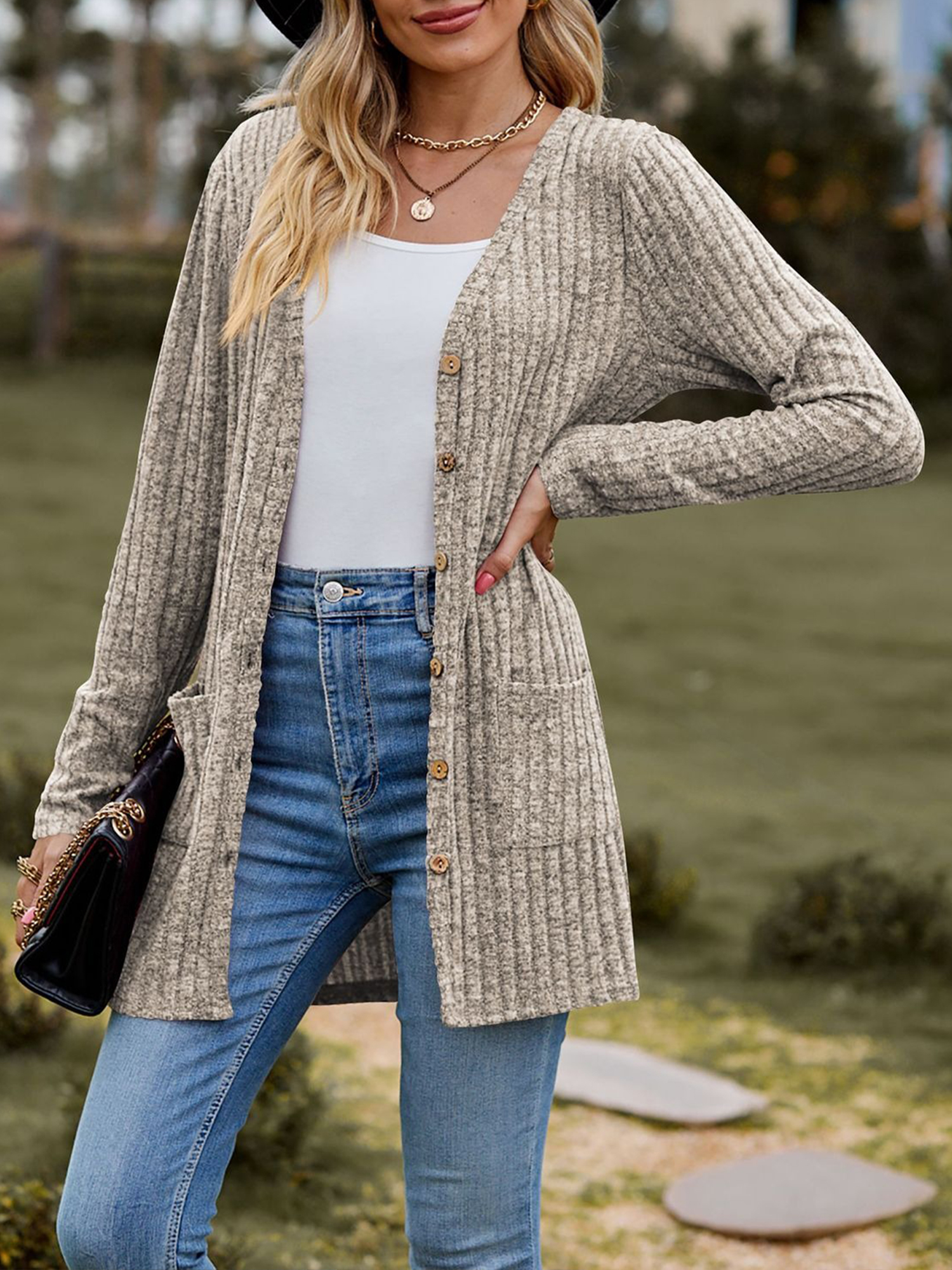 Solid Color Long Sleeve Buttoned Pockets Cardigan Khaki/2XL