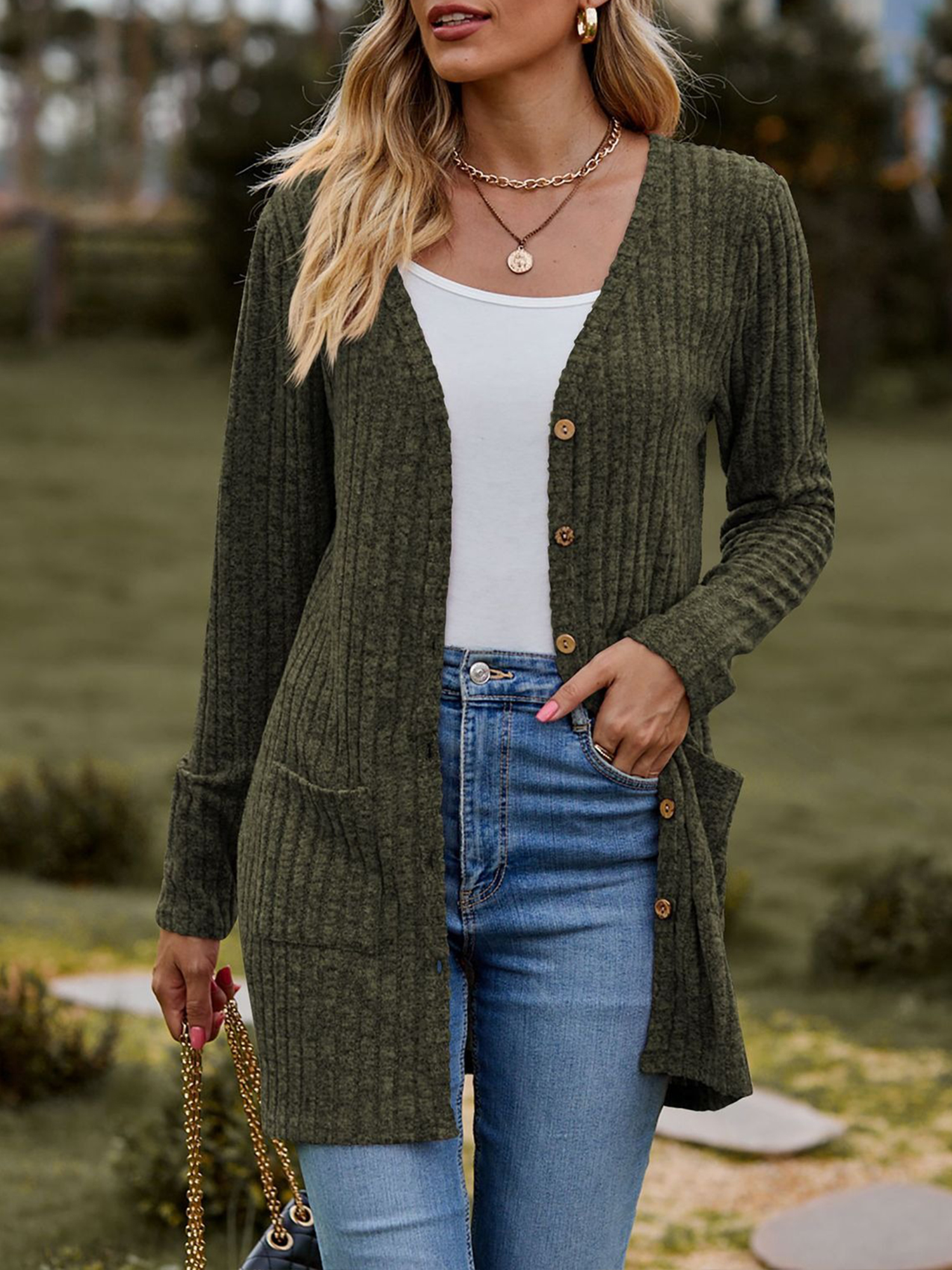 Solid Color Long Sleeve Buttoned Pockets Cardigan Army Green/2XL