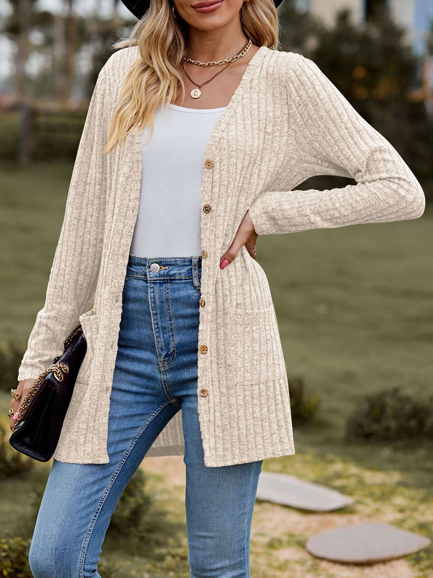 Solid Color Long Sleeve Buttoned Pockets Cardigan Apricot/L