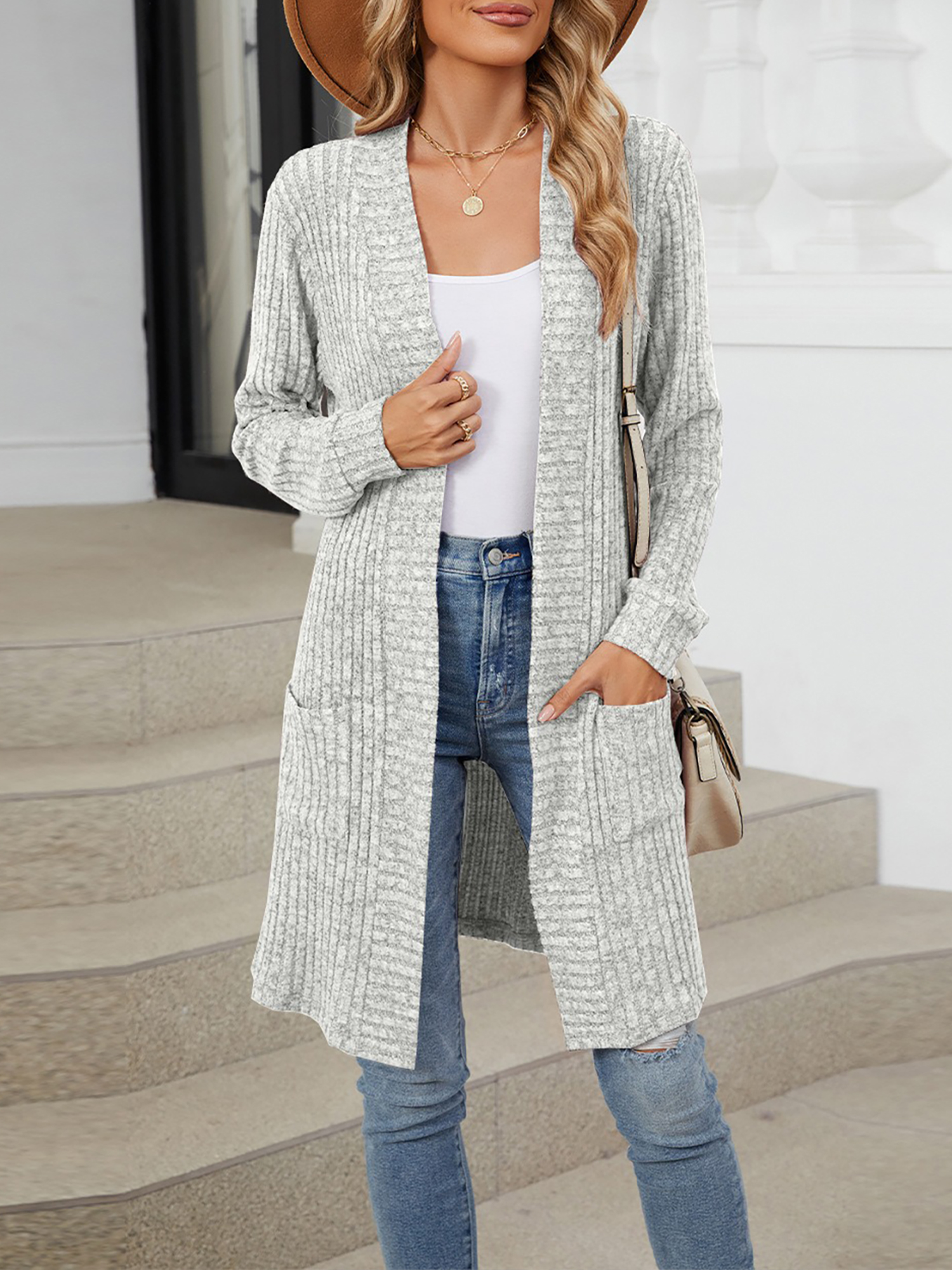 Solid Color Open Front Long Sleeves Pockets Mid-Length Cardigan Light Gray/XL
