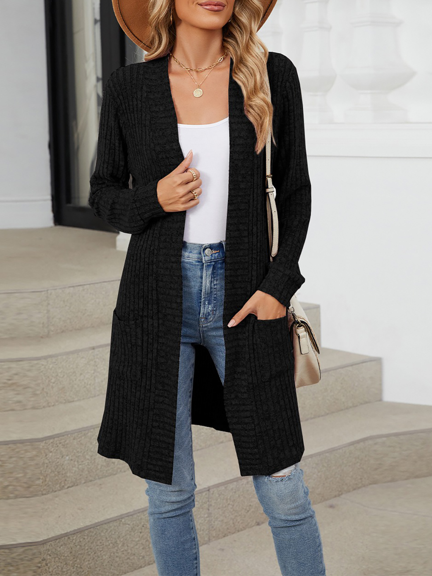 Solid Color Open Front Long Sleeves Pockets Mid-Length Cardigan Black/S