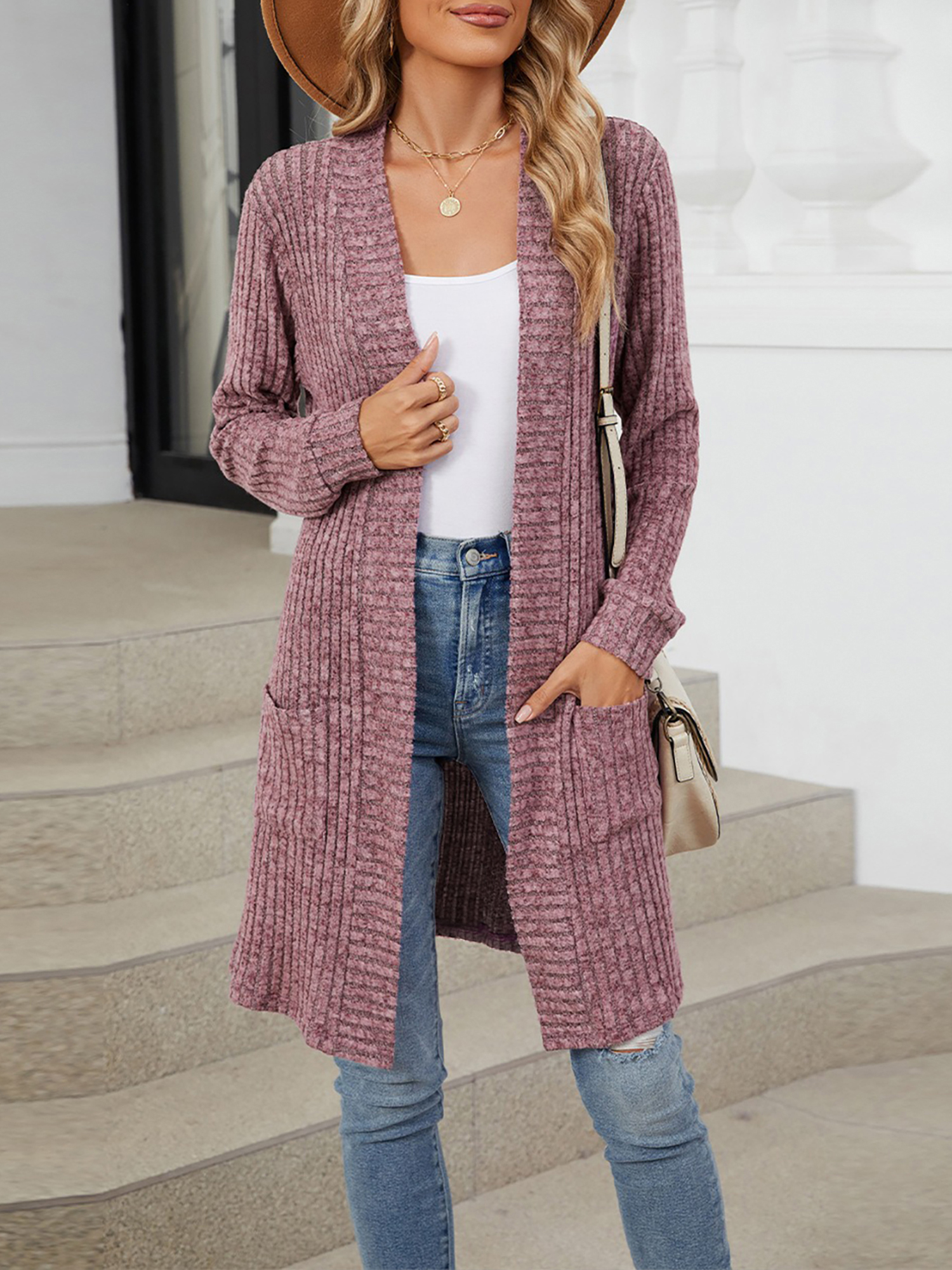 Solid Color Open Front Long Sleeves Pockets Mid-Length Cardigan Purple/XL