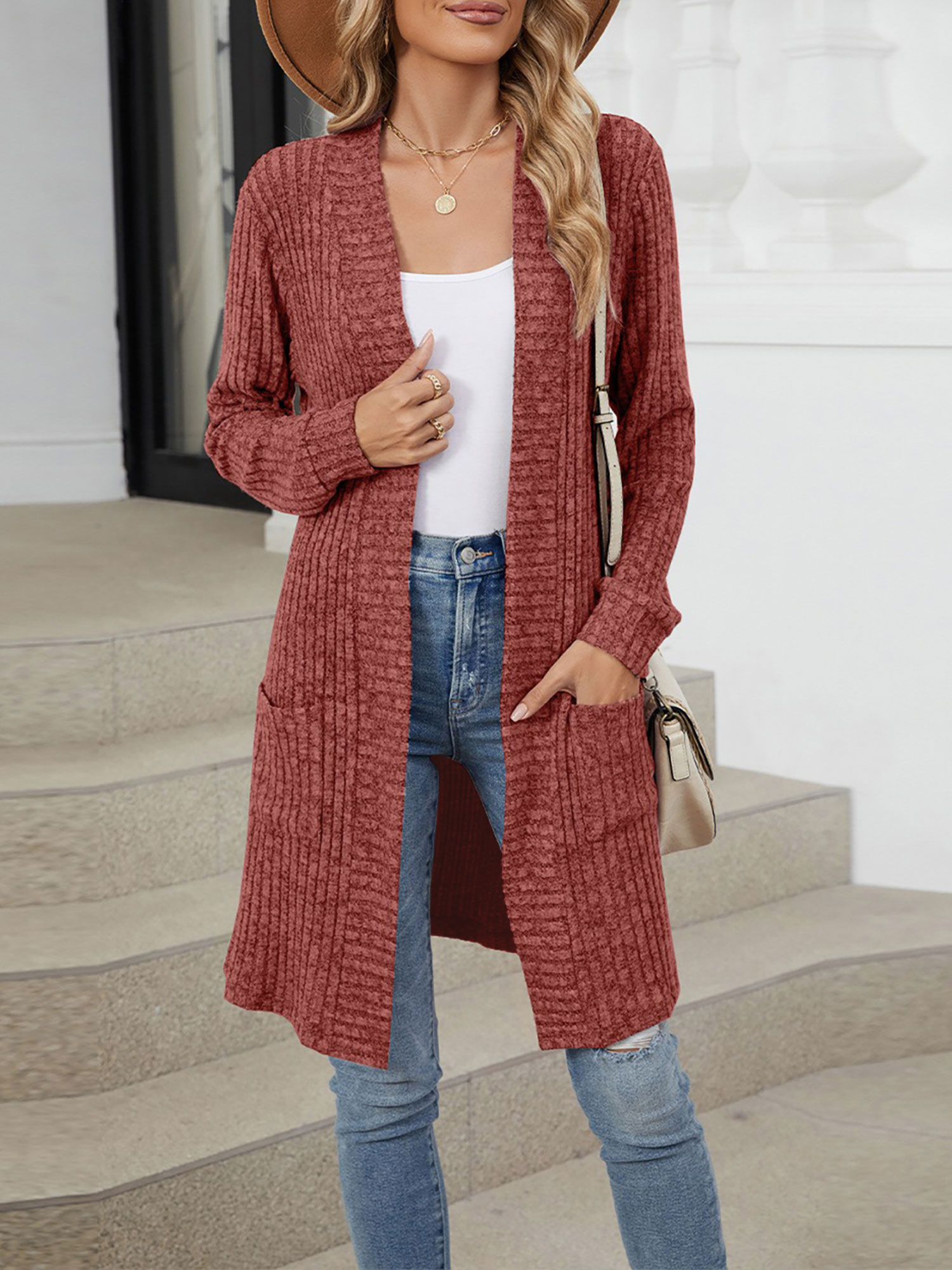 Solid Color Open Front Long Sleeves Pockets Mid-Length Cardigan Red/M