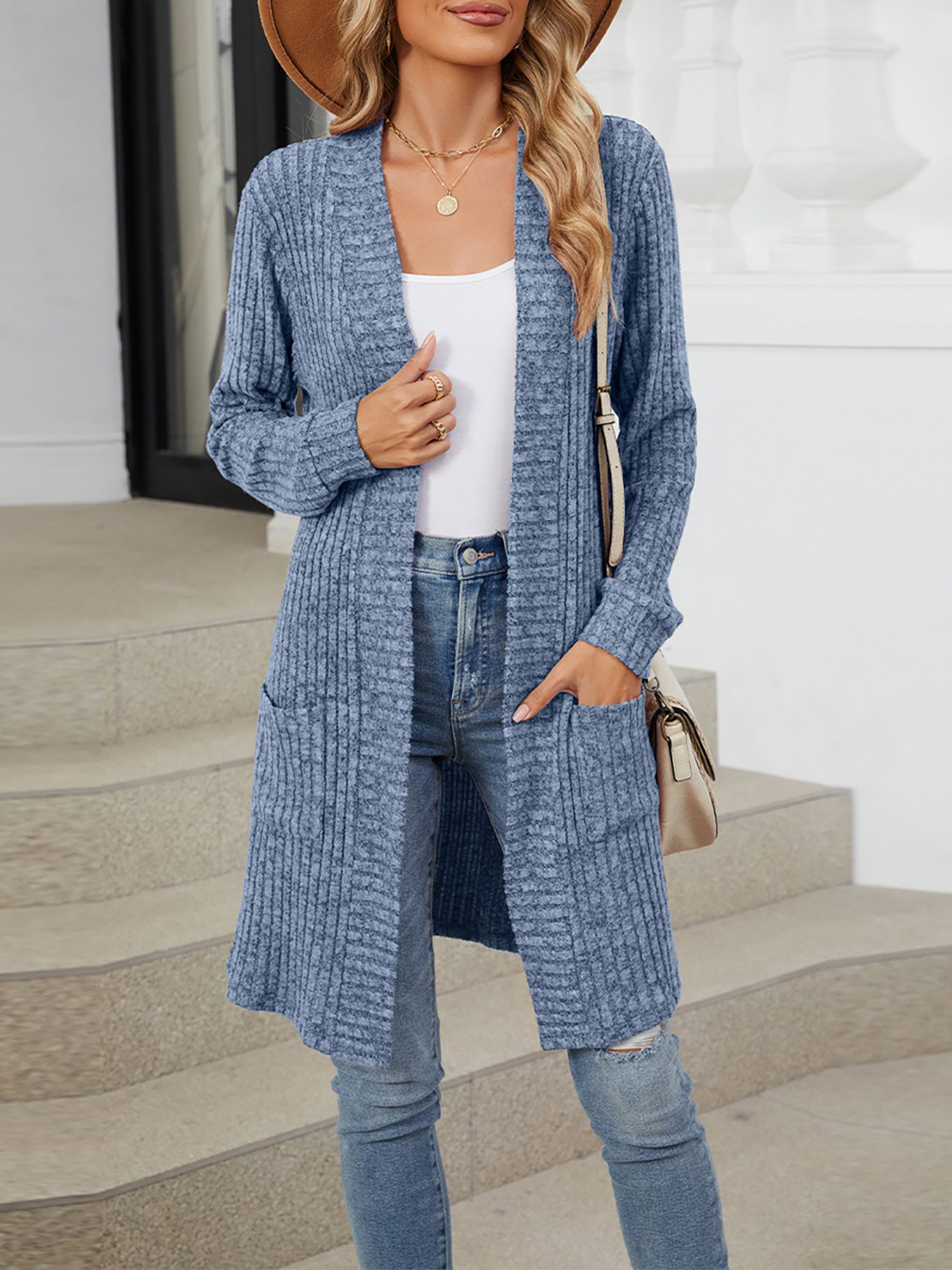 Solid Color Open Front Long Sleeves Pockets Mid-Length Cardigan Blue/XL