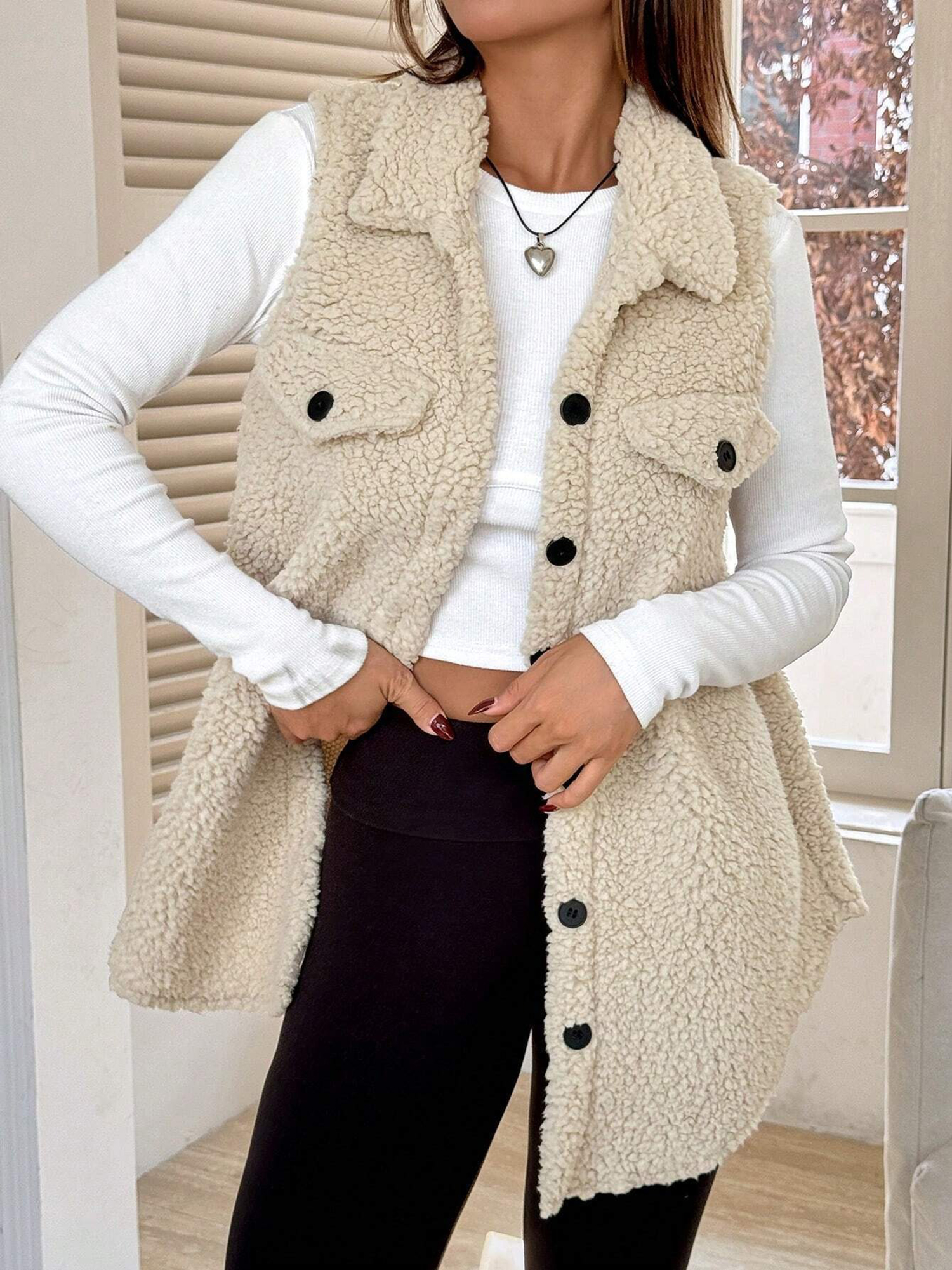 Faux Shearling Button Down Sleeveless Vest Apricot/M