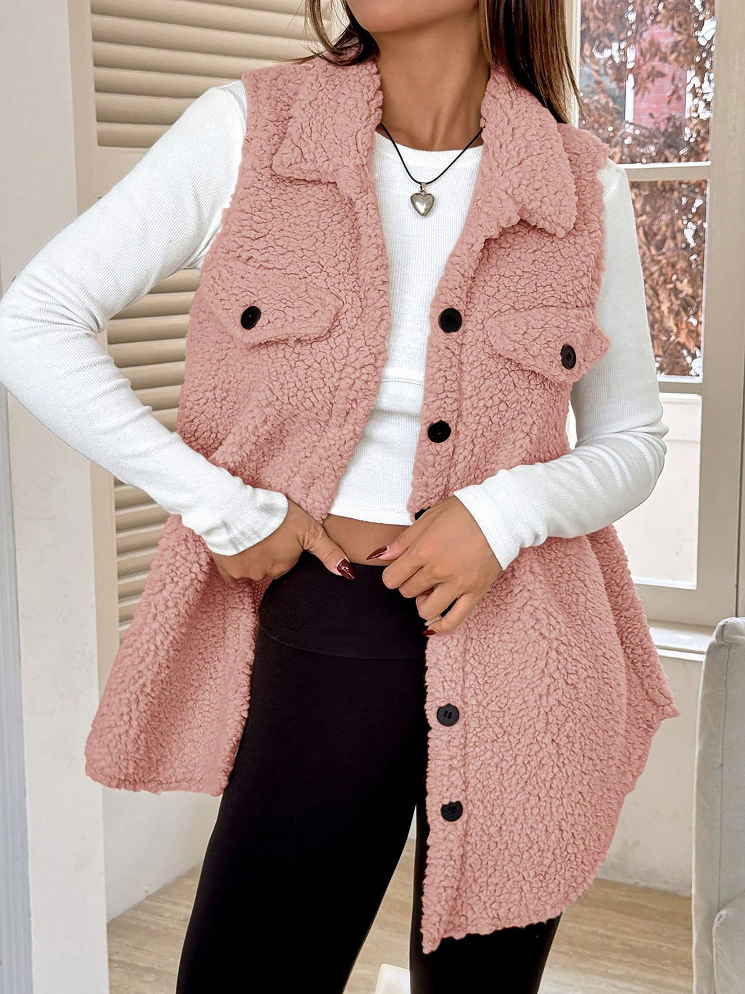 Faux Shearling Button Down Sleeveless Vest Pink/L