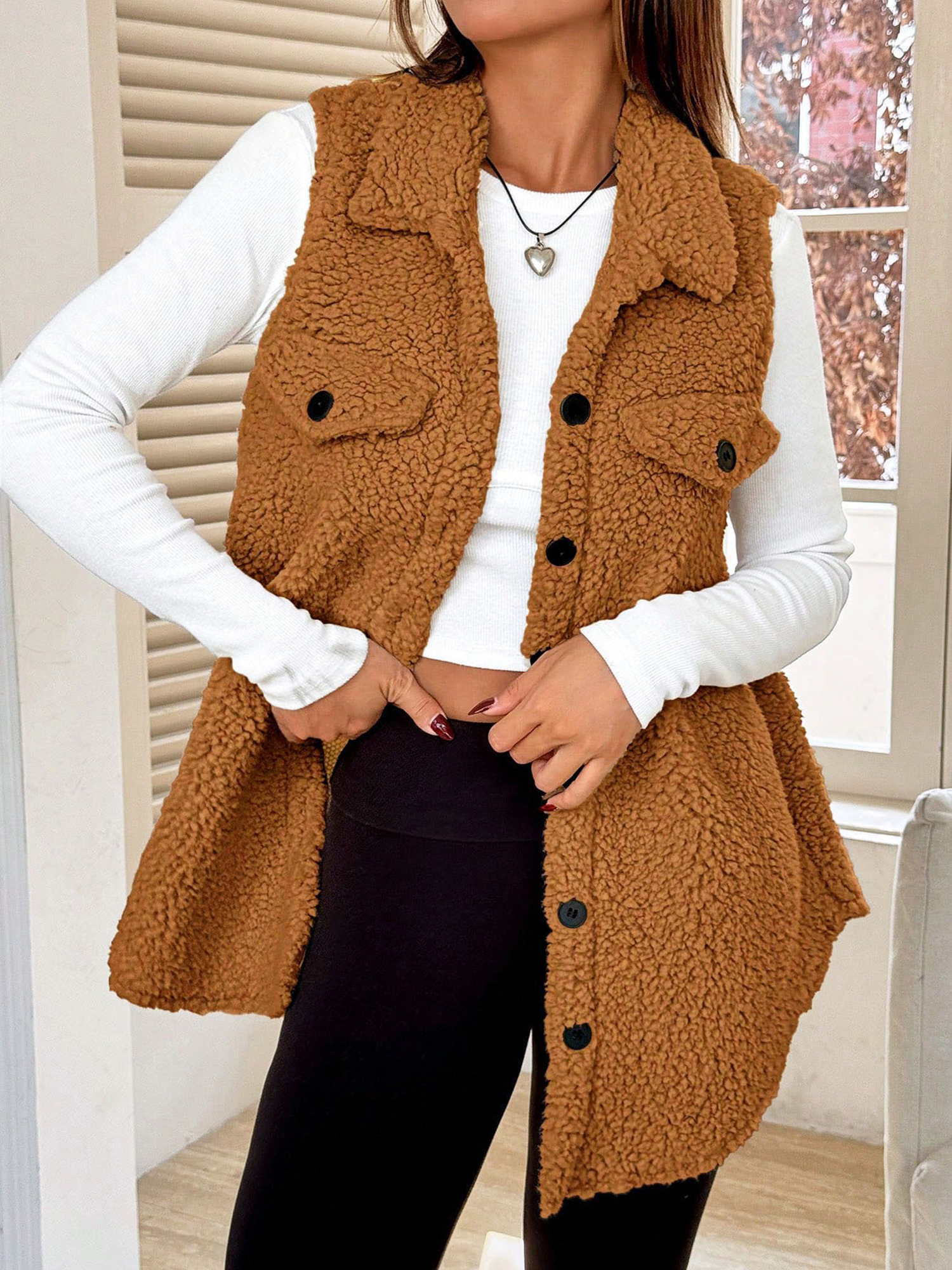 Faux Shearling Button Down Sleeveless Vest Brown/M