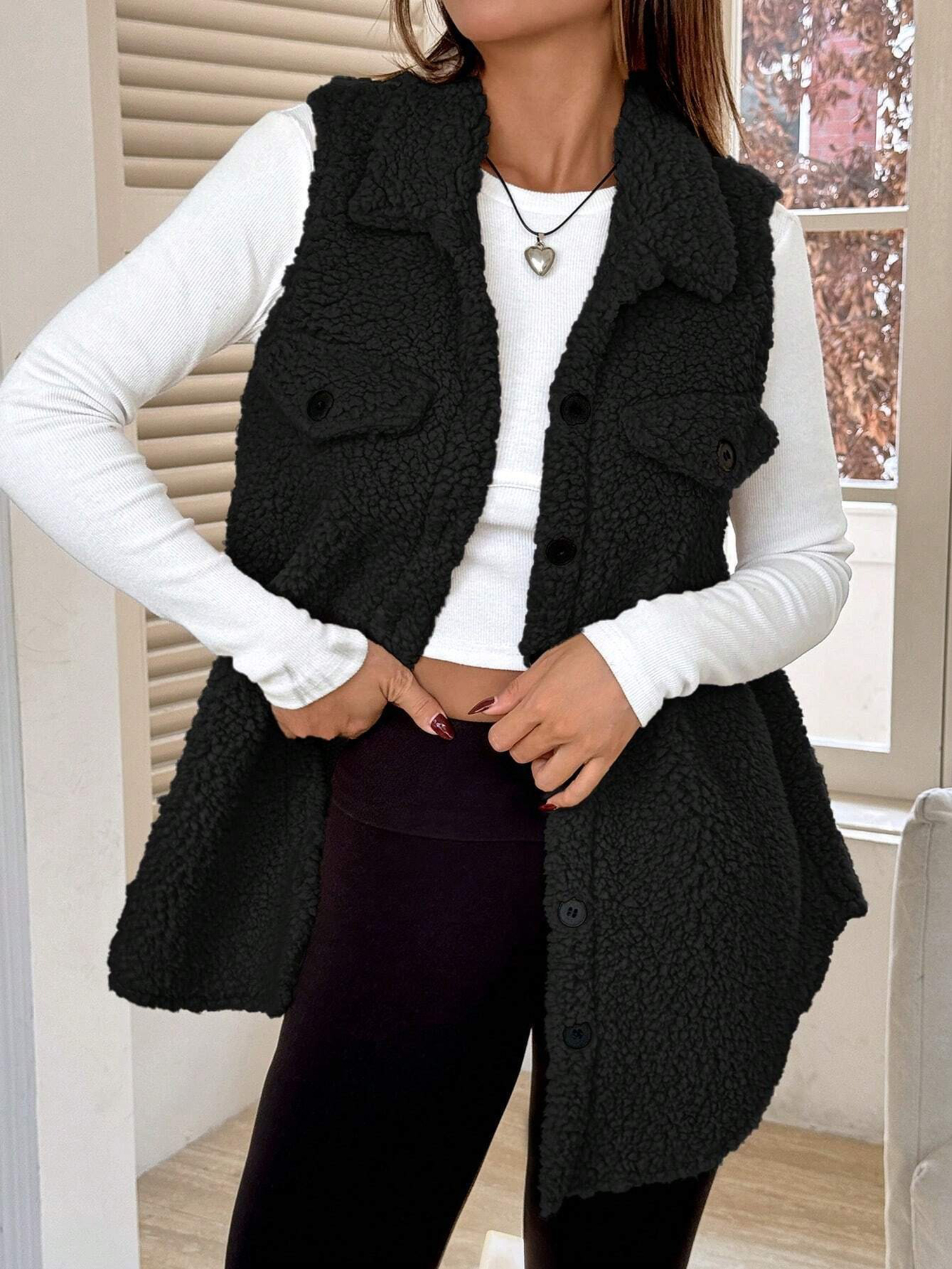 Faux Shearling Button Down Sleeveless Vest Black/L