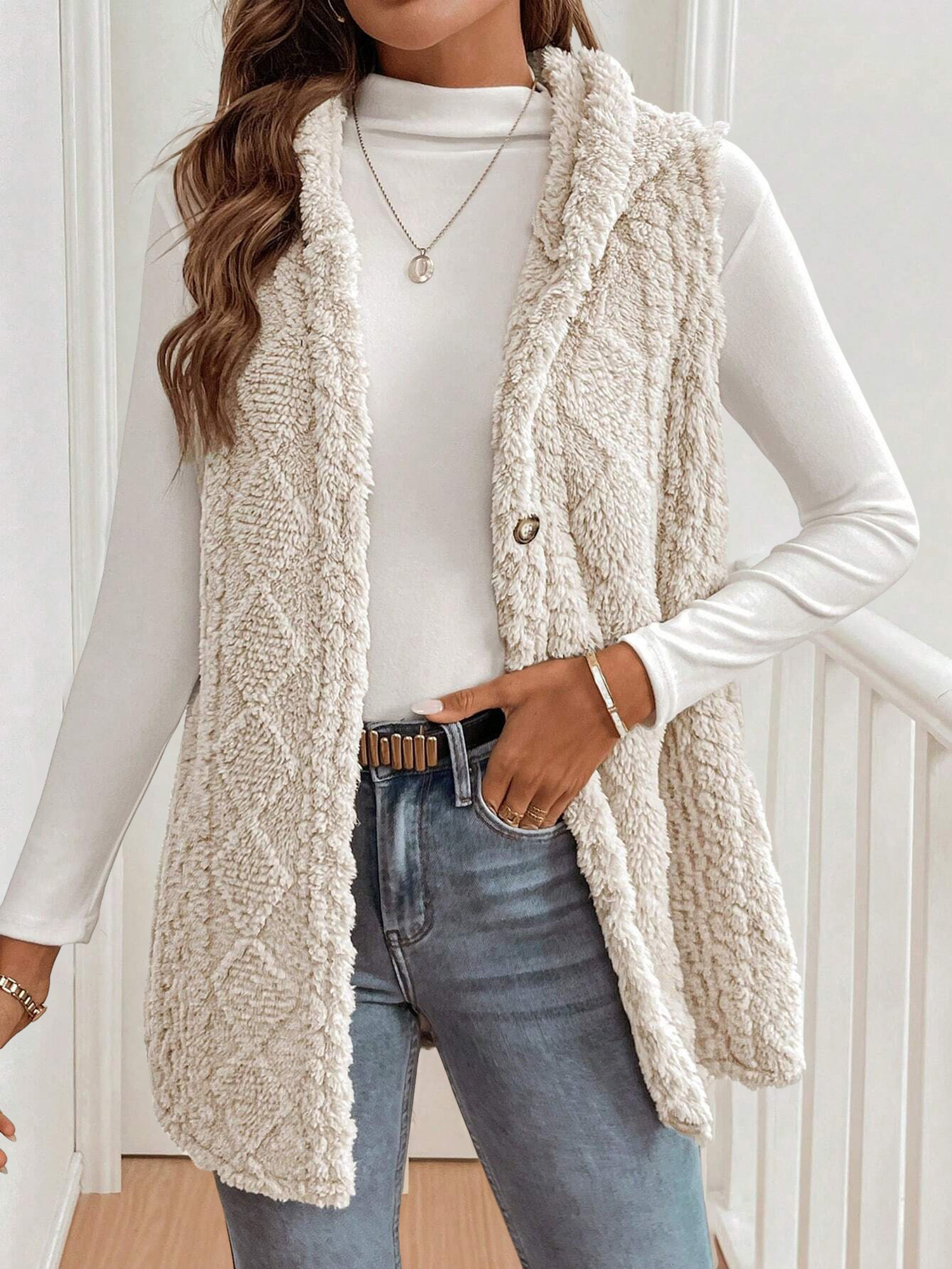 Solid Color Hooded Button Down Furry Sleeveless Vest Apricot/L