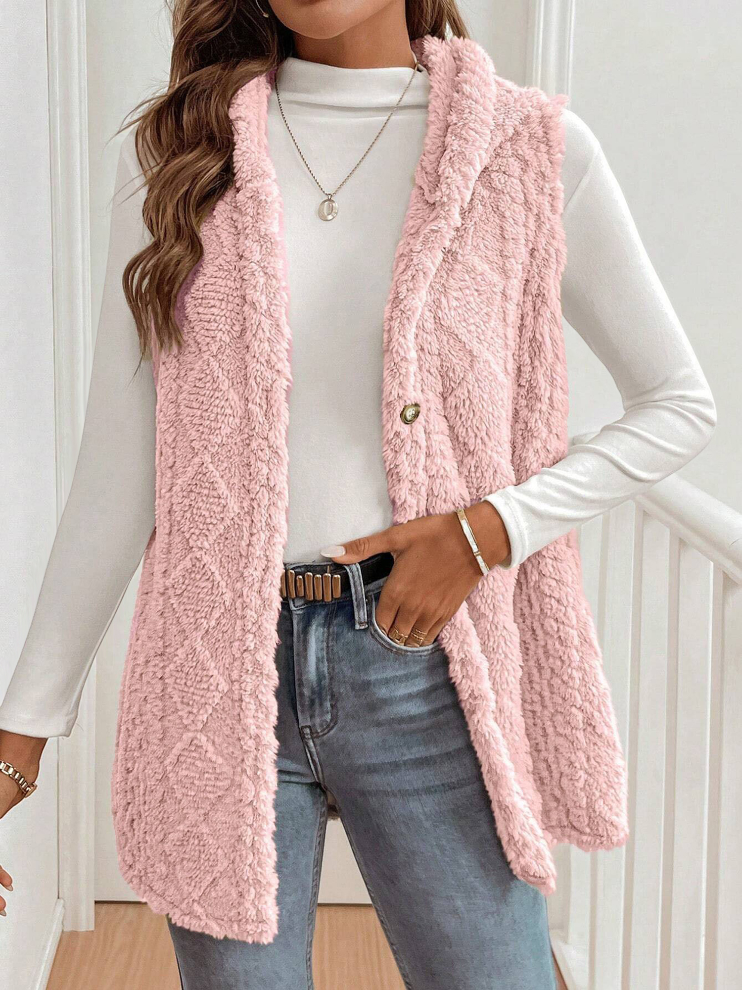 Solid Color Hooded Button Down Furry Sleeveless Vest Pink/XS
