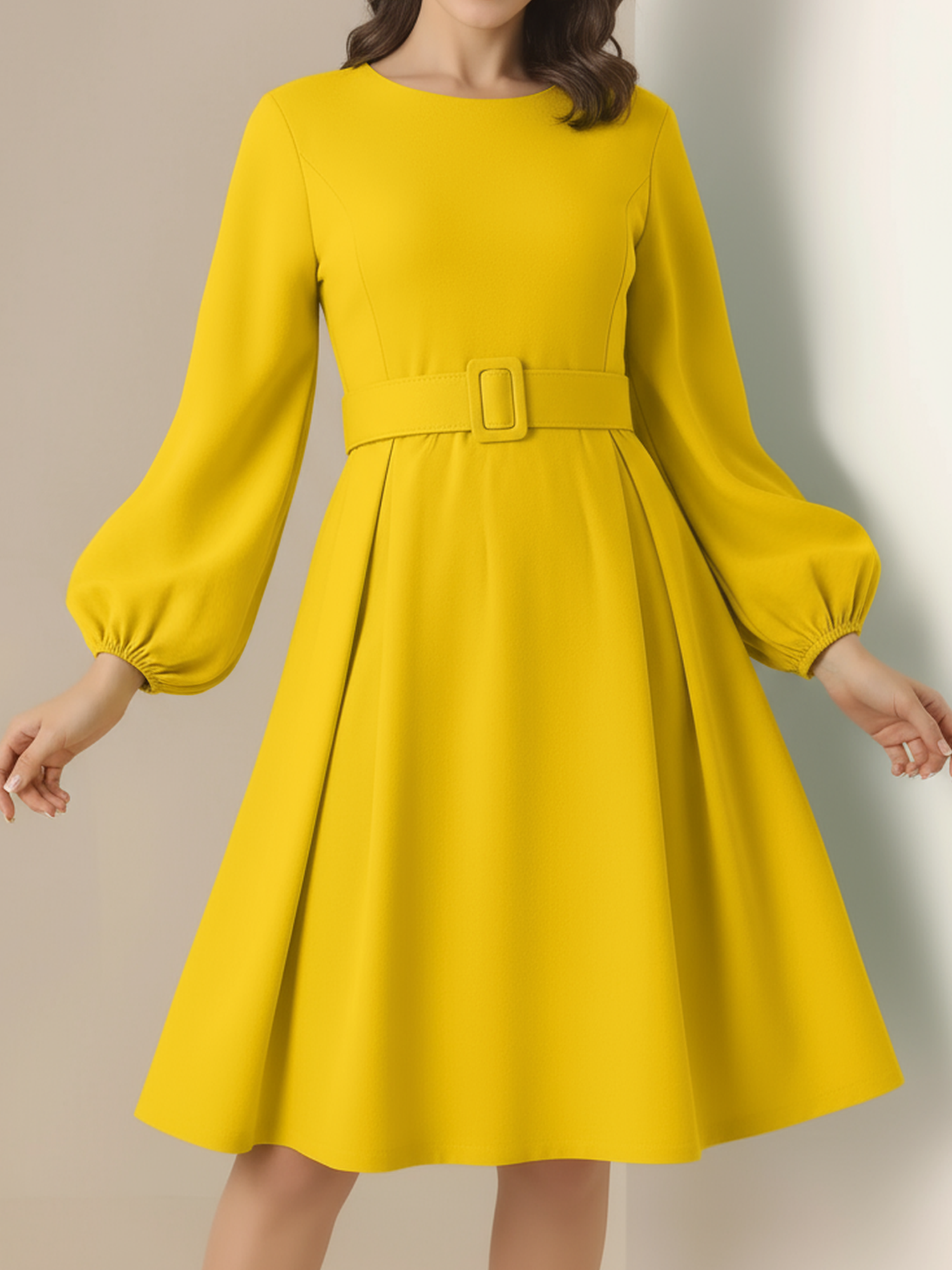 Round Neck Puff Sleeves Belted Midi Work Dress Yellow/XL