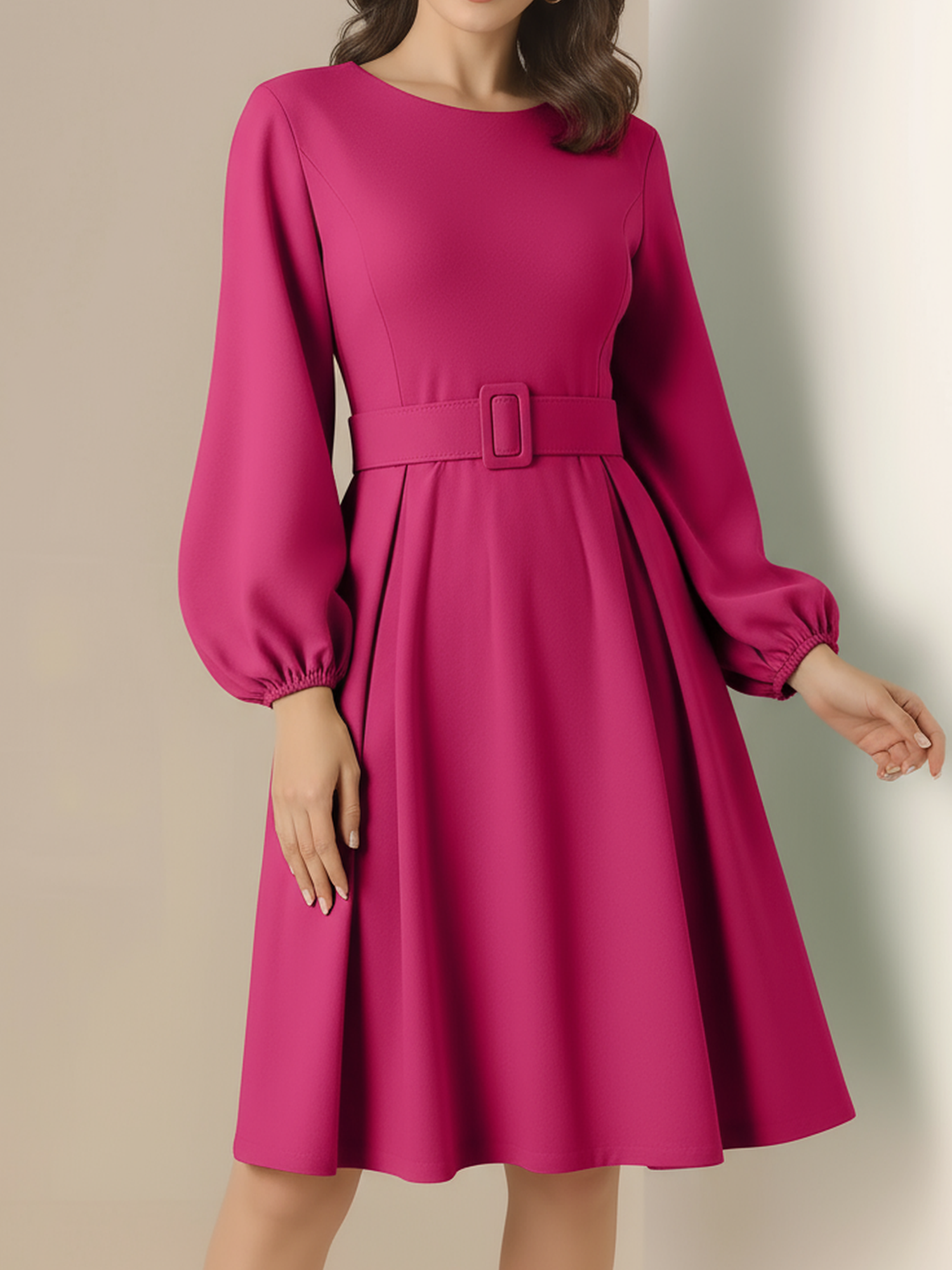Round Neck Puff Sleeves Belted Midi Work Dress Rose Red/XS