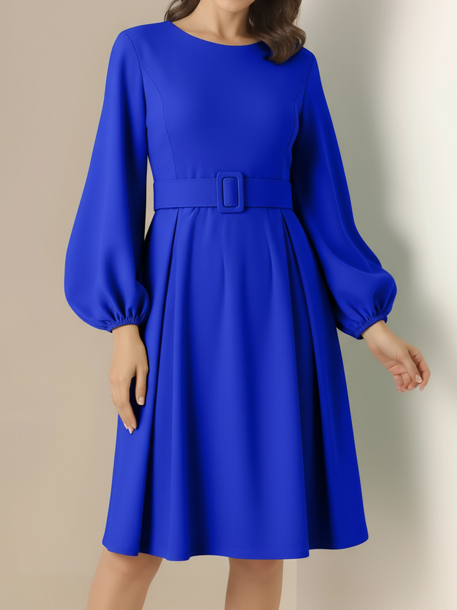 Round Neck Puff Sleeves Belted Midi Work Dress Royal Blue/L