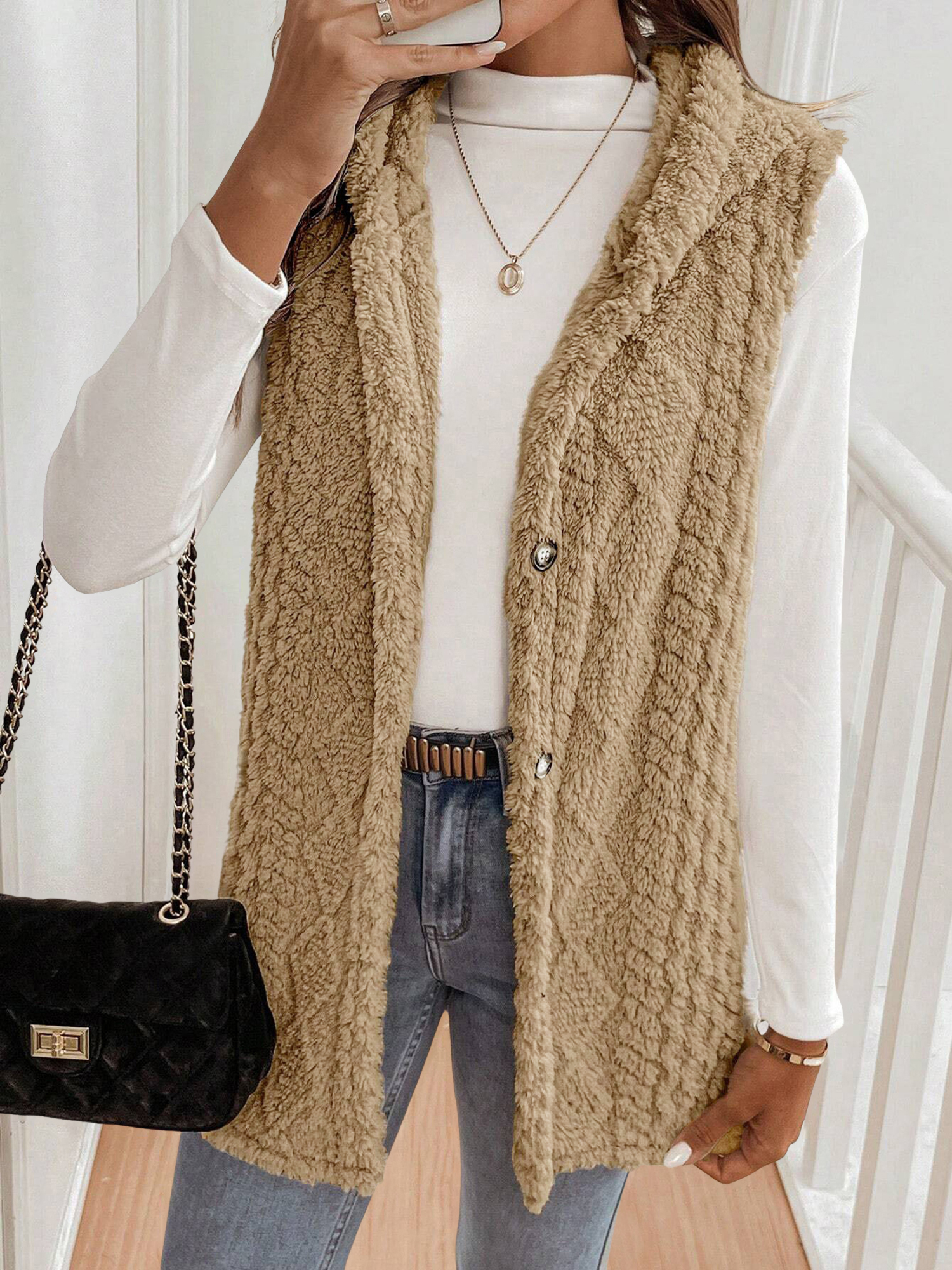 Solid Color Hooded Button Down Furry Sleeveless Vest Brown/M
