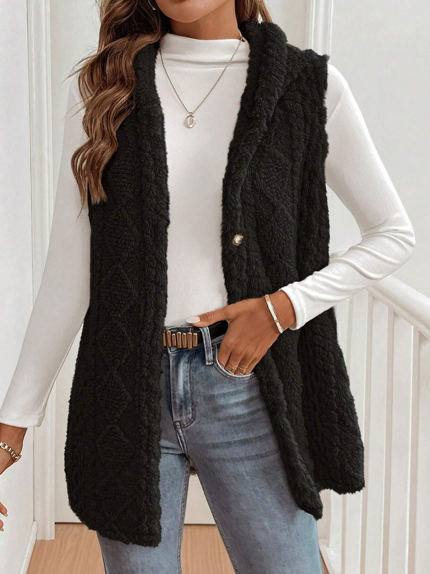 Solid Color Hooded Button Down Furry Sleeveless Vest Black/XS