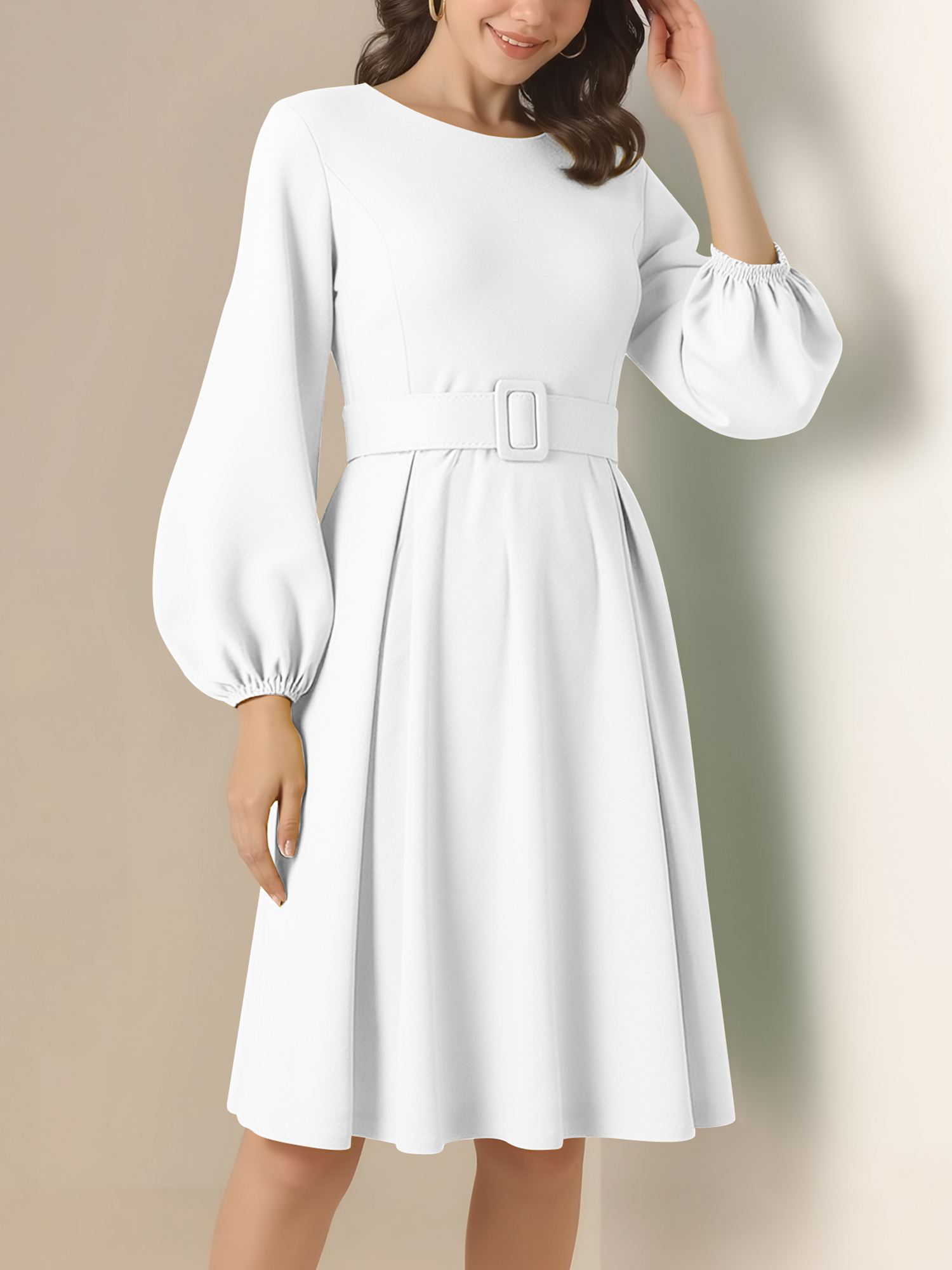 Round Neck Puff Sleeves Belted Midi Work Dress White/S