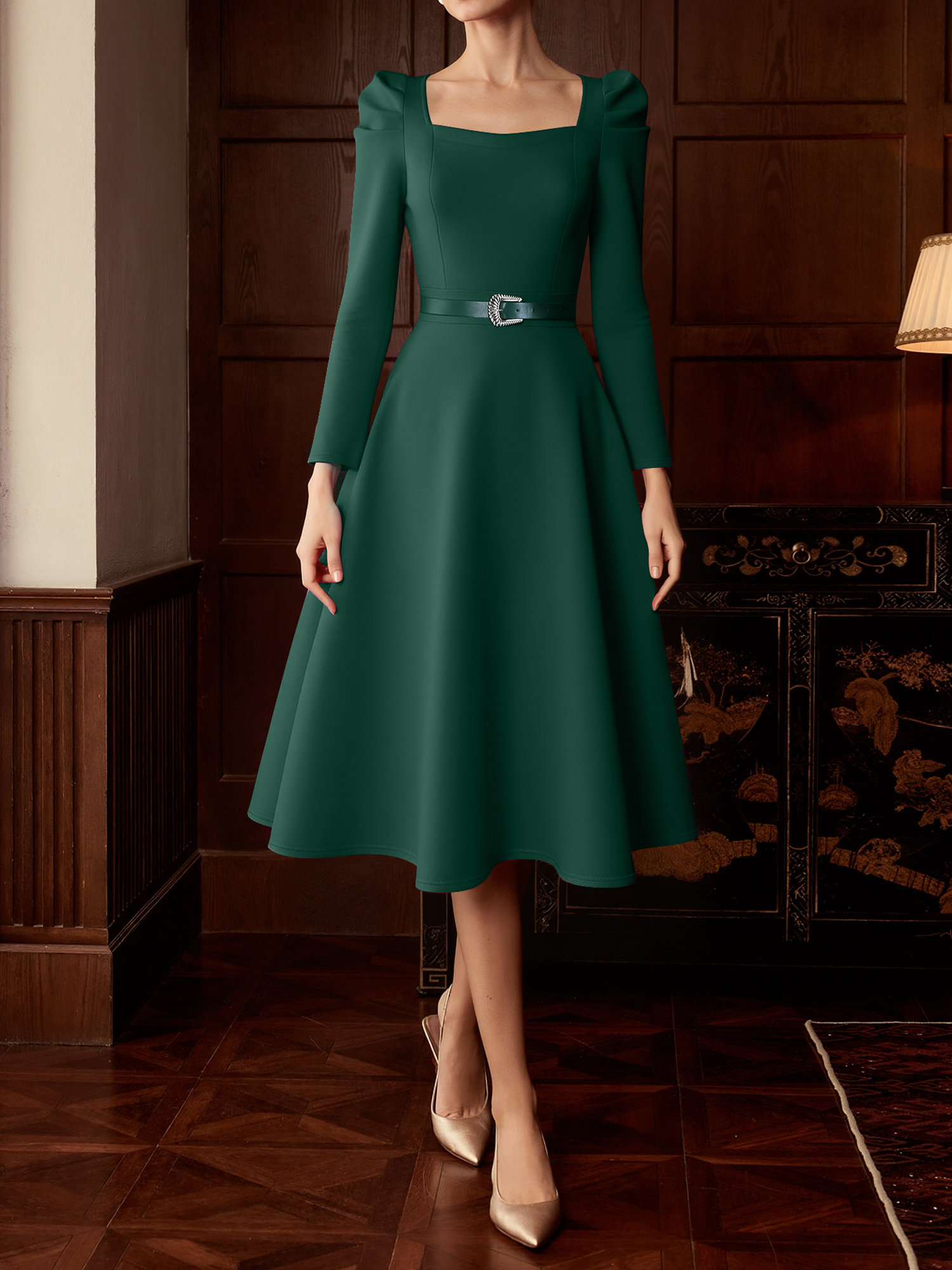 Puff Sleeve Square Neck Belted Midi Dress Green/S