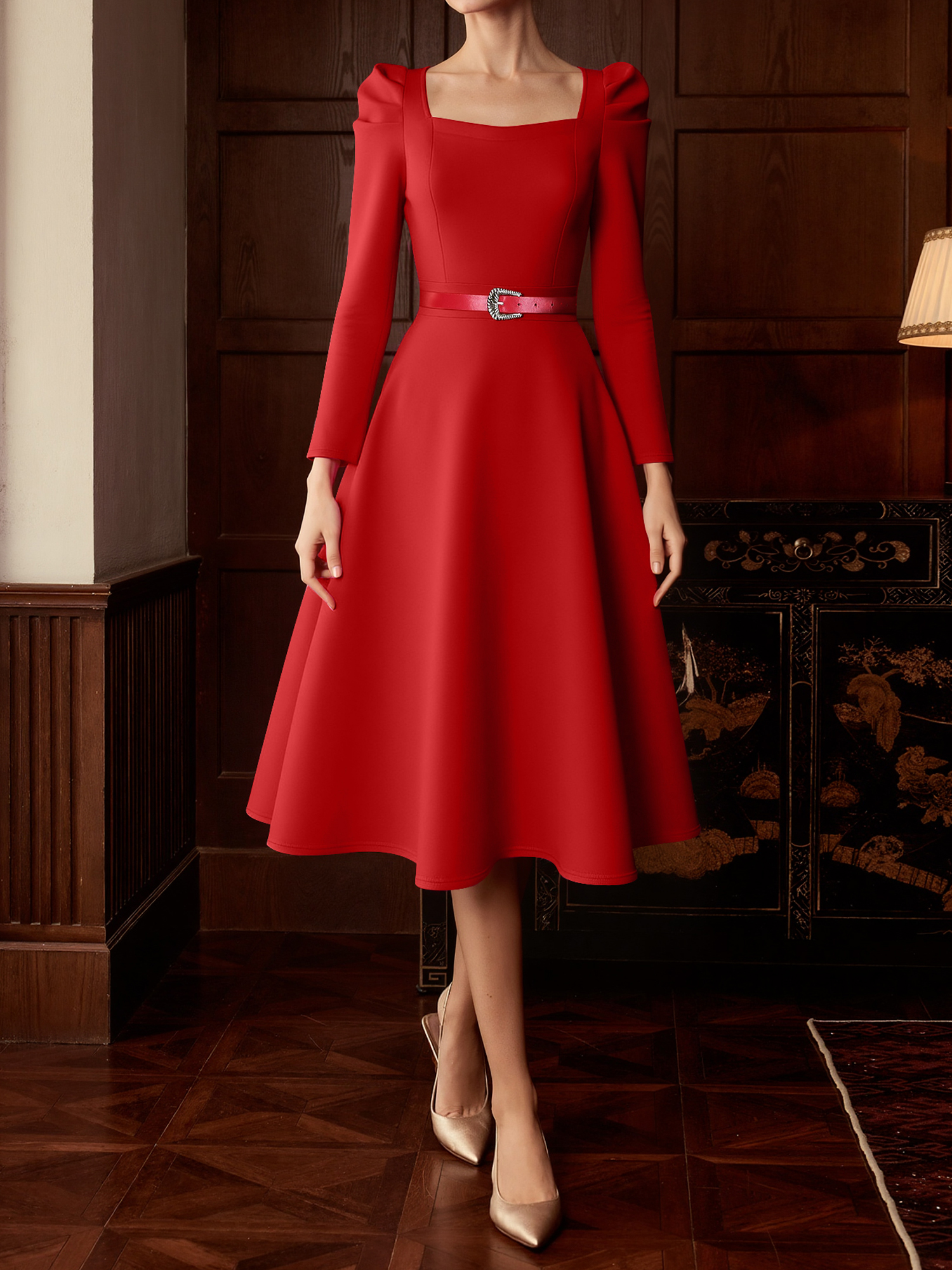 Puff Sleeve Square Neck Belted Midi Dress Red/XL
