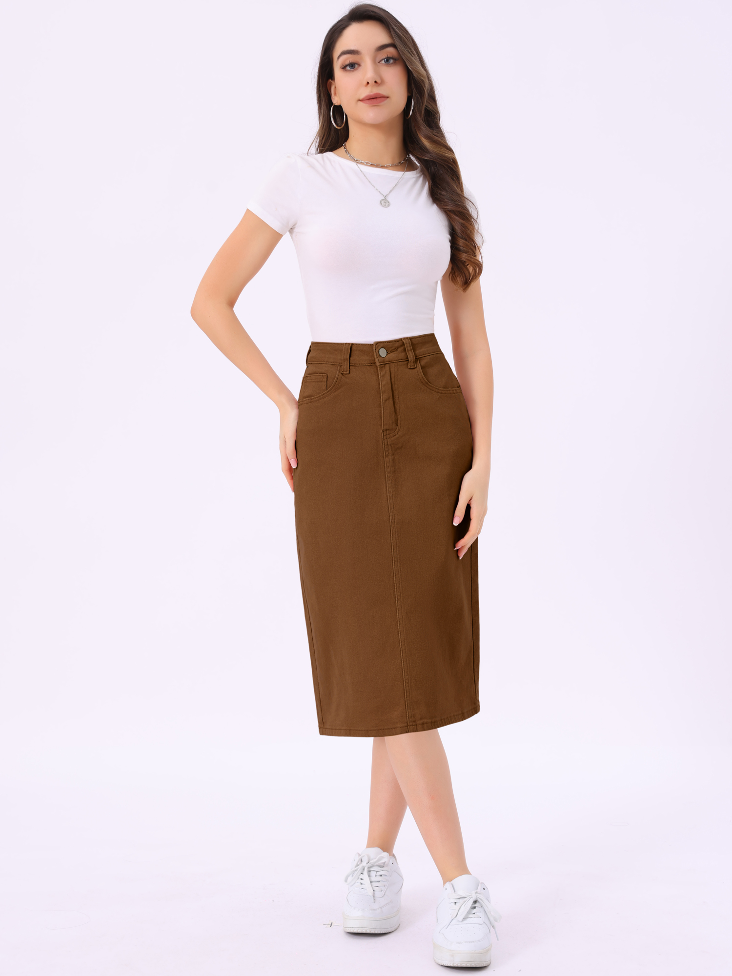 Casual Denim High Waist Stretchy Midi Pencil Jean Skirt Brown/3XL