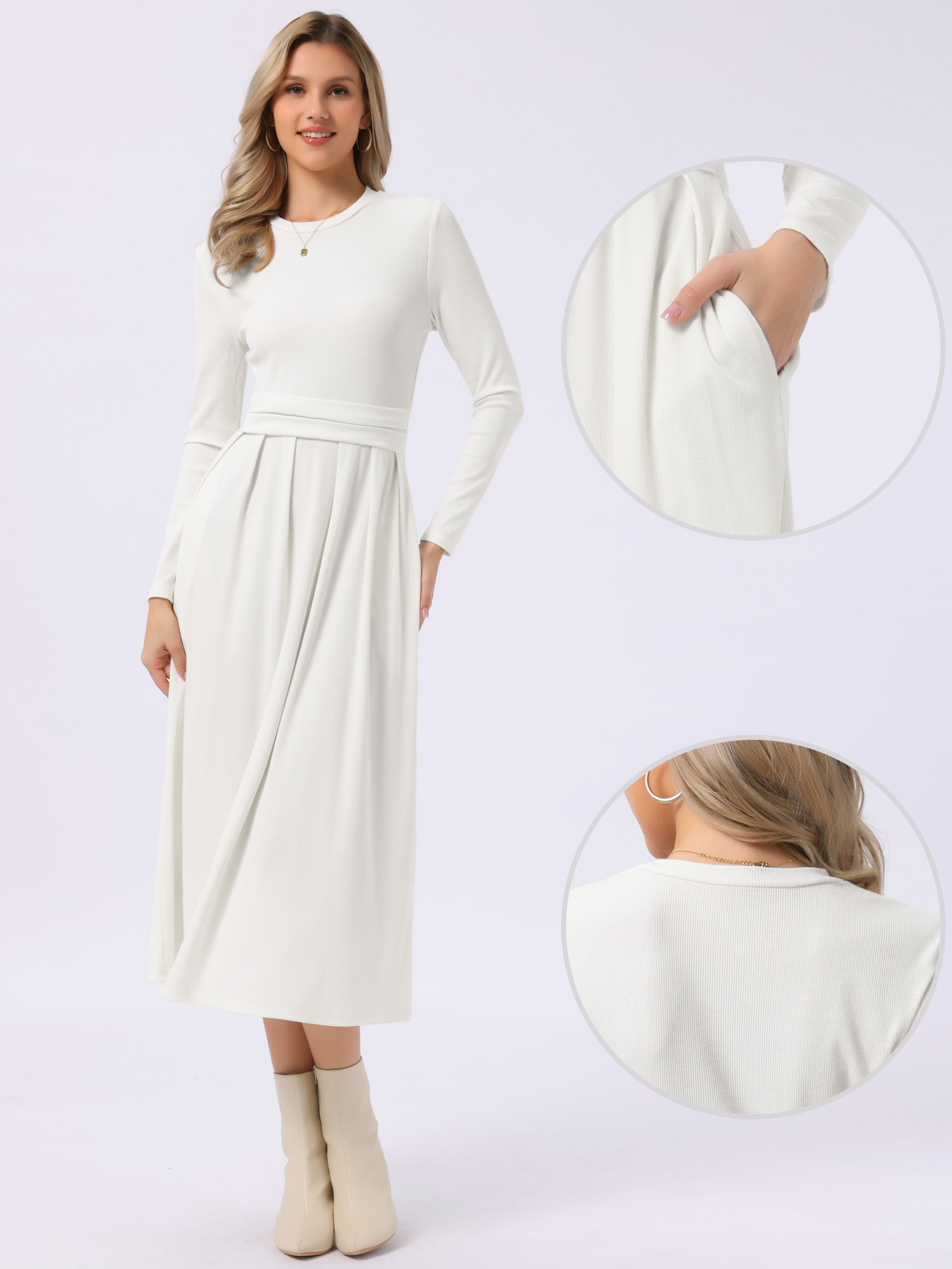 Allegra – Crew Neck Long Sleeve Pocketed A-Line Sweater Dresses Beige White/XL