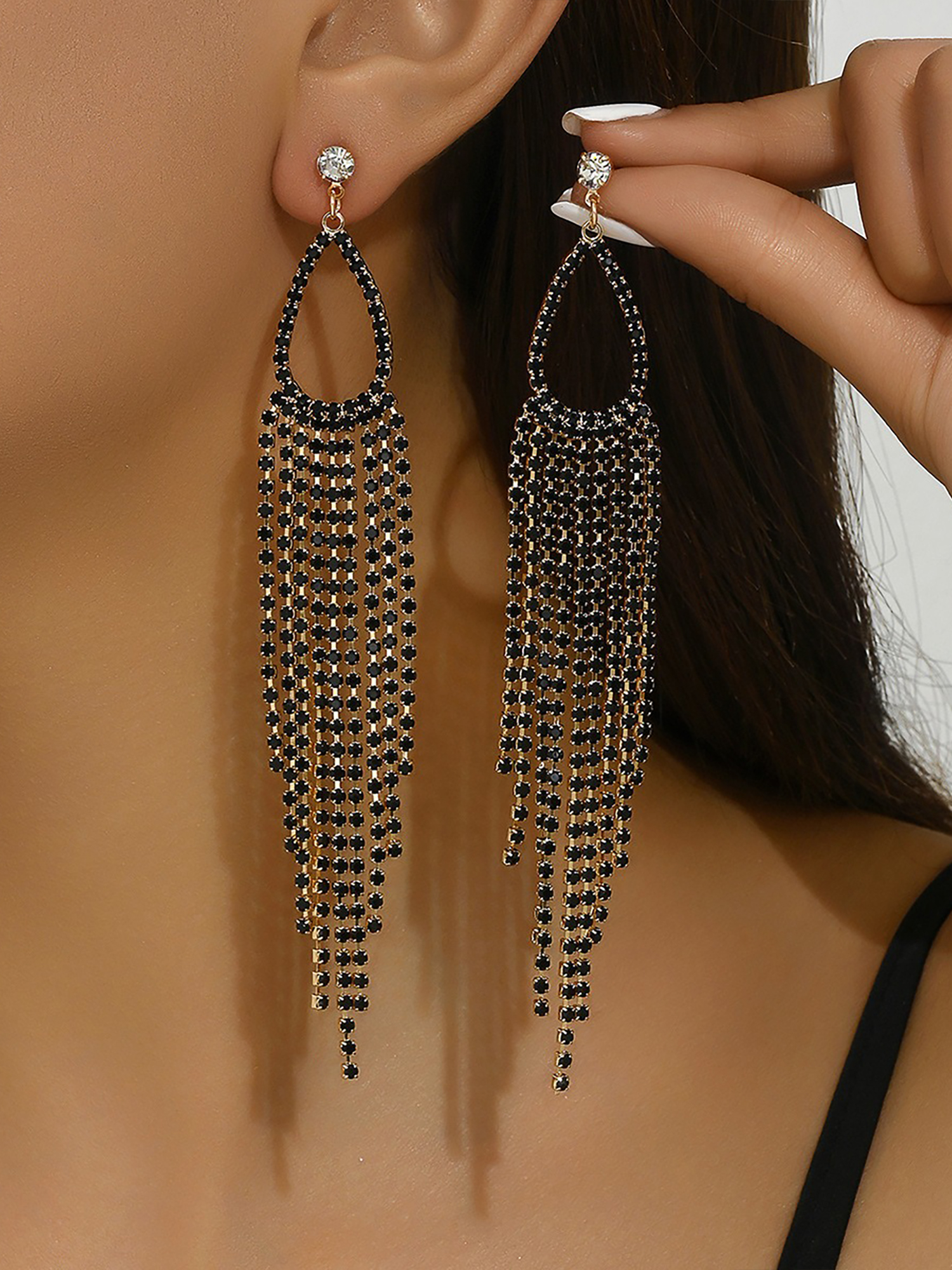 Faux Rhinestone Long Fringe Tassel Earrings Black/M