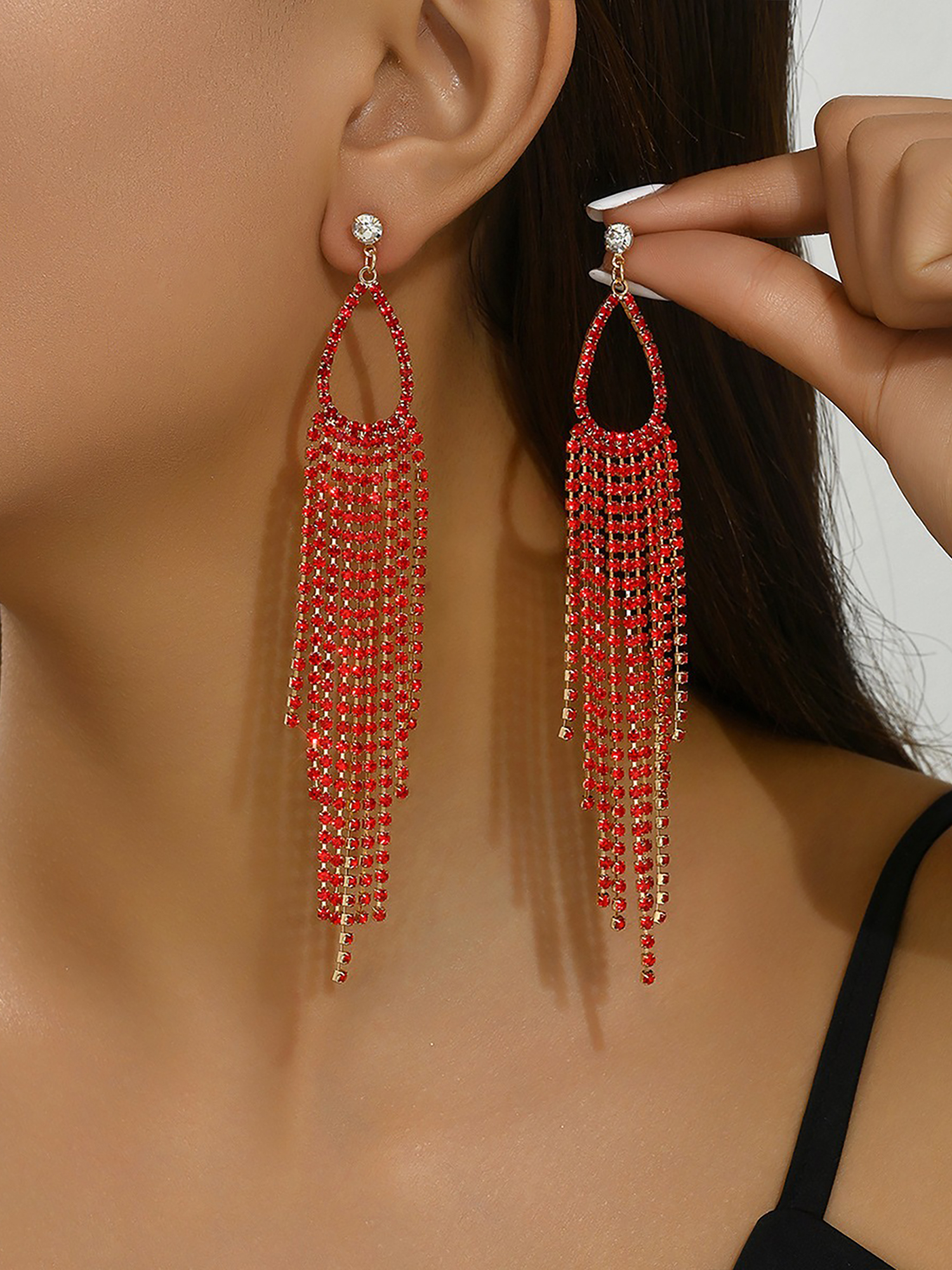Faux Rhinestone Long Fringe Tassel Earrings Red/M