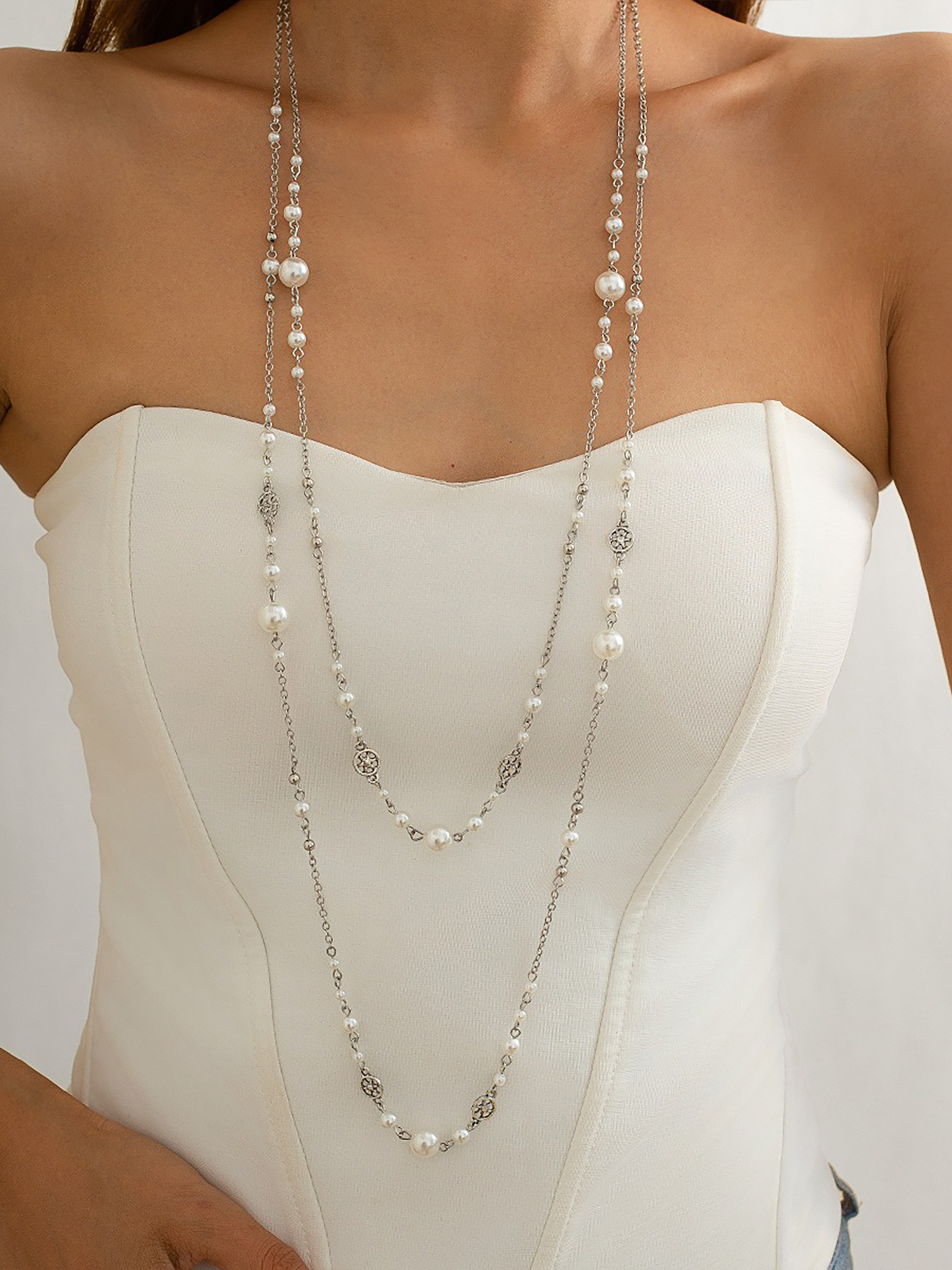 2 Pieces Faux Pearl Layered Long Necklaces Set White/M
