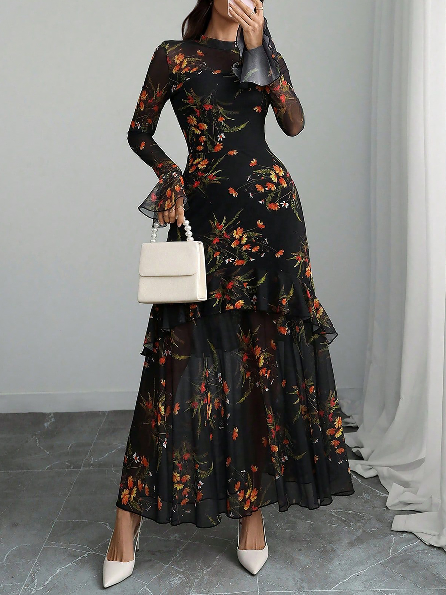 Mock Neck Mesh Floral Ruffled Maxi Dress Black/S