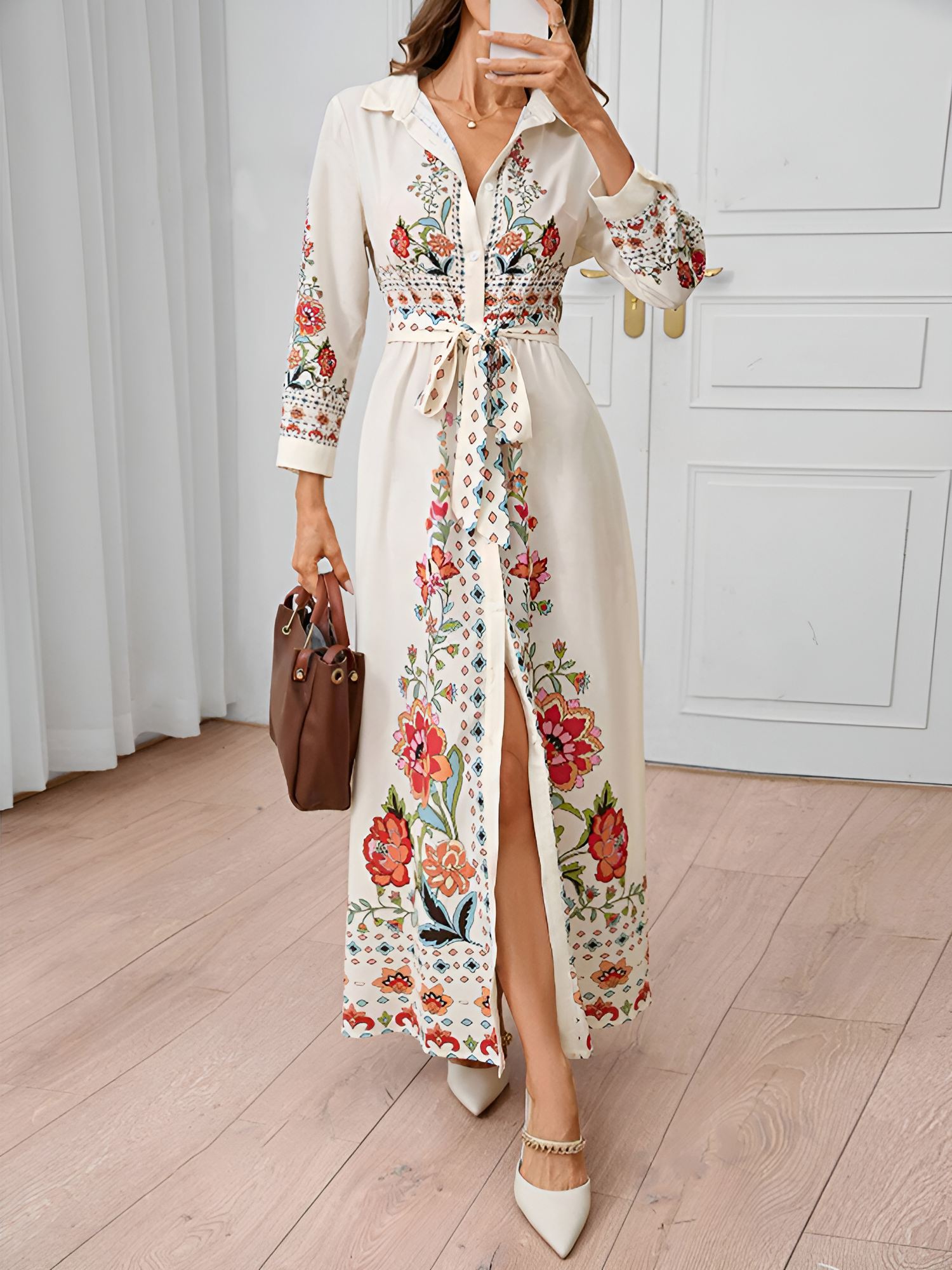 Floral Print Long Sleeve Maxi Casual Shirt Dress White/L