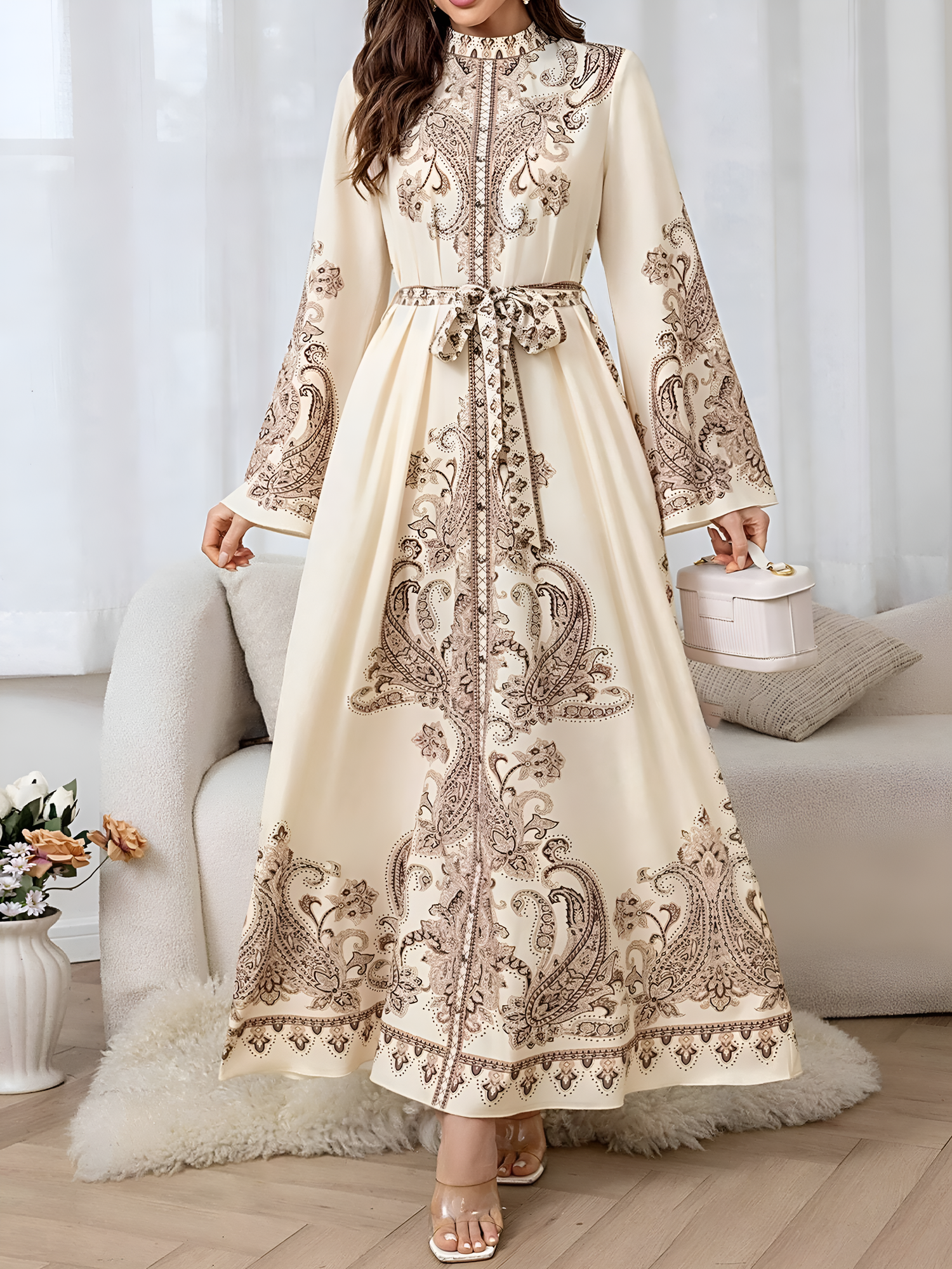 Mock Neck Bell Sleeves Boho Paisley Maxi Dress Champagne/L