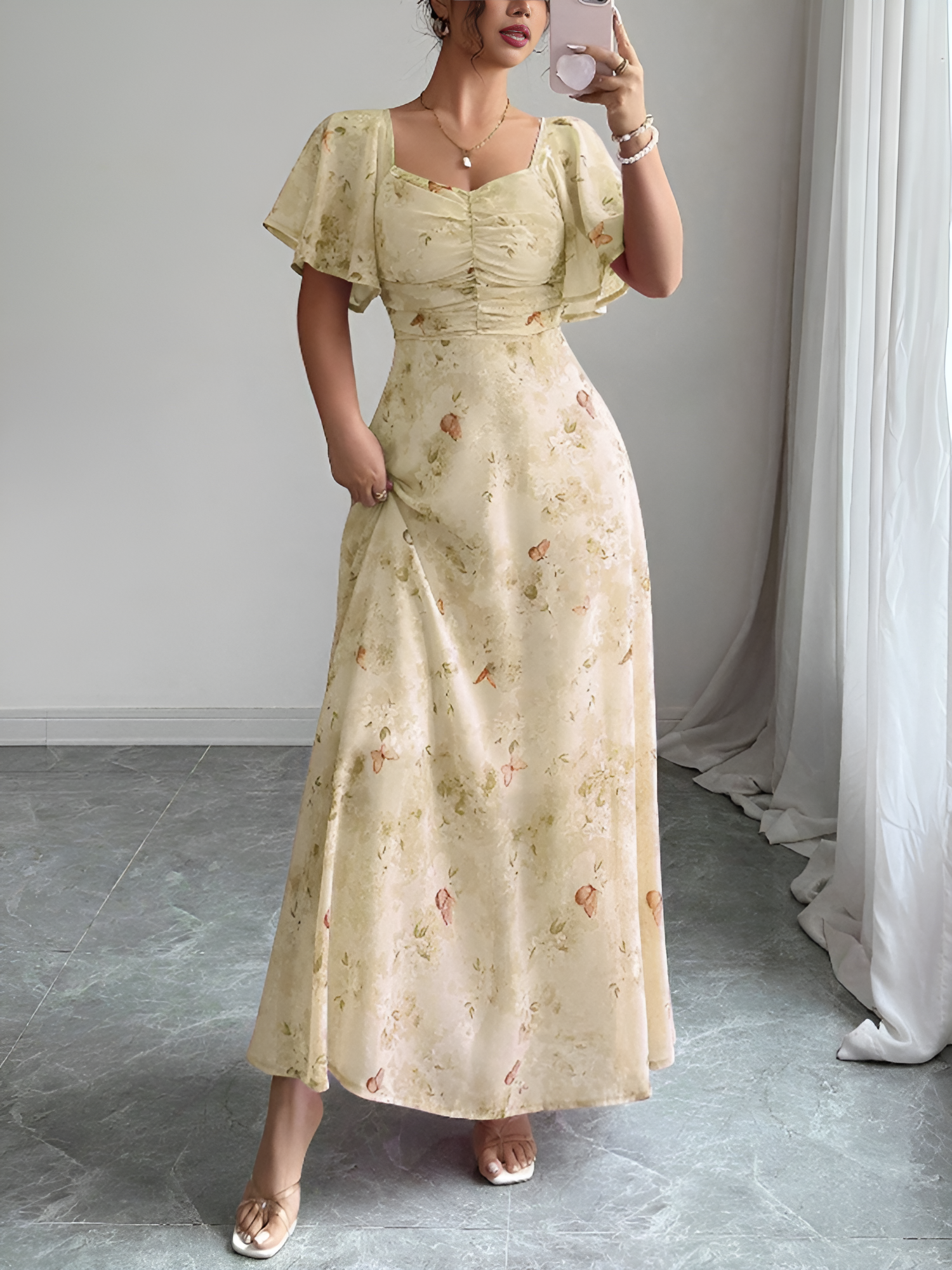 Floral Print Ruffled Sleeve Ruched Wedding Maxi Dress Yellow/XS