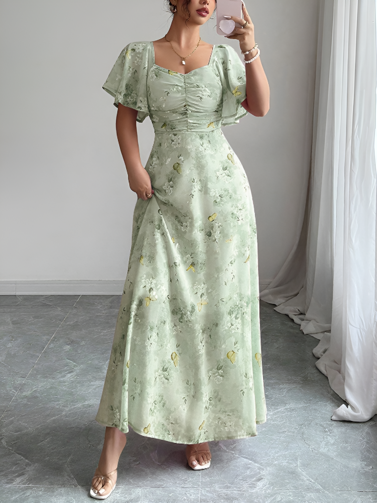 Floral Print Ruffled Sleeve Ruched Wedding Maxi Dress Light Green/M