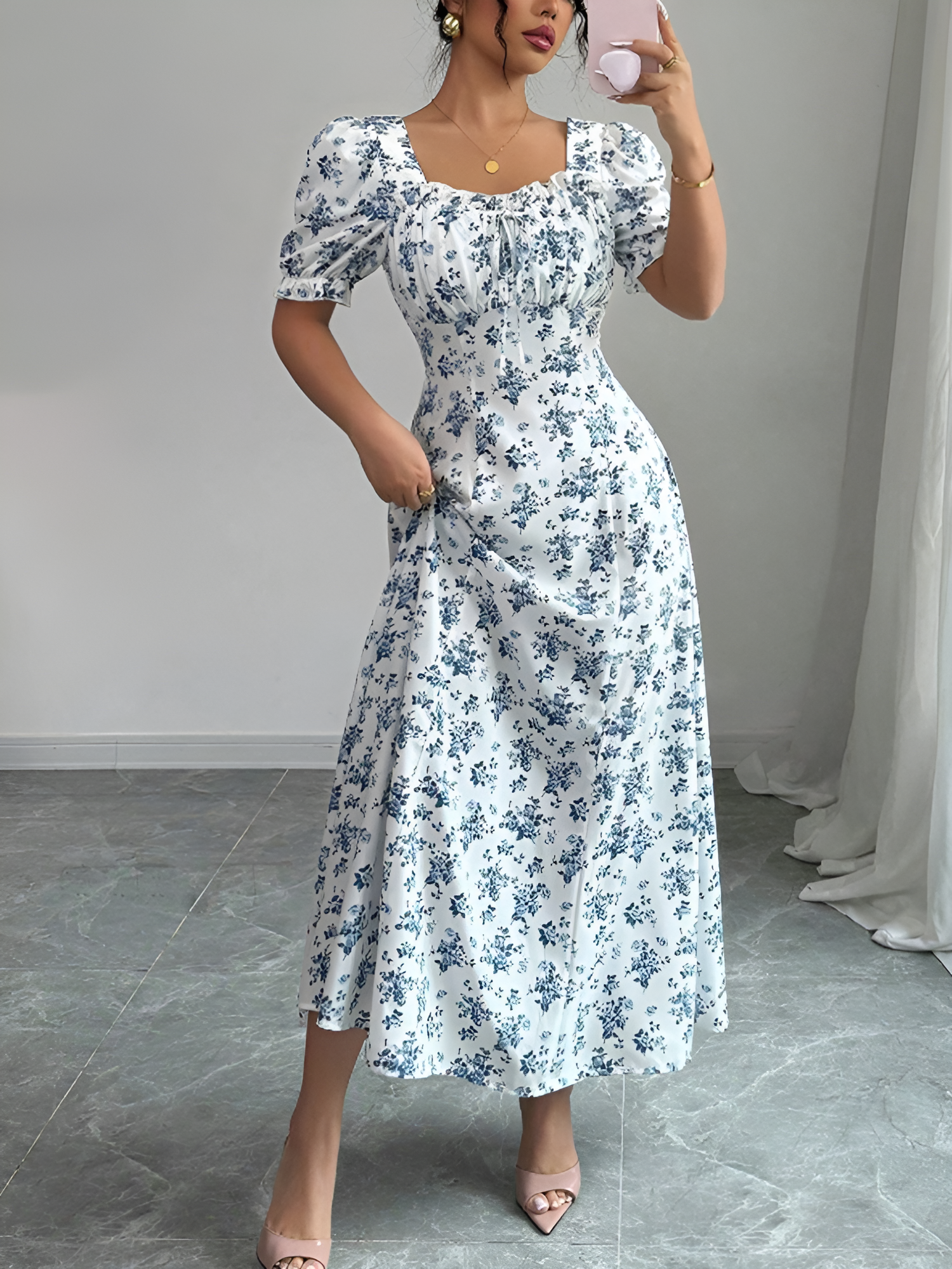 Floral Ruffled Square Neck Puff Sleeves Maxi Dress White/XL