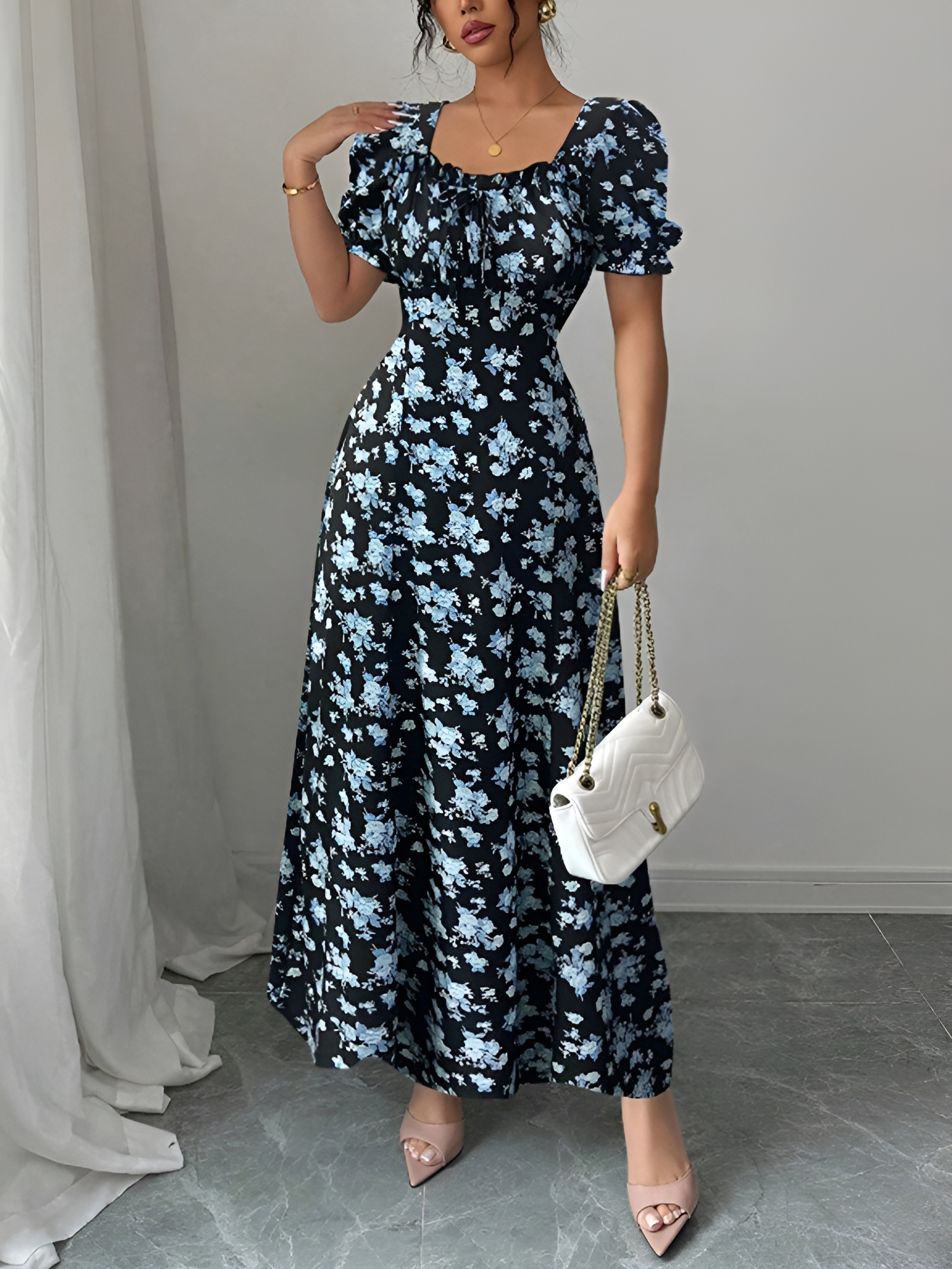 Floral Ruffled Square Neck Puff Sleeves Maxi Dress Blue/XL