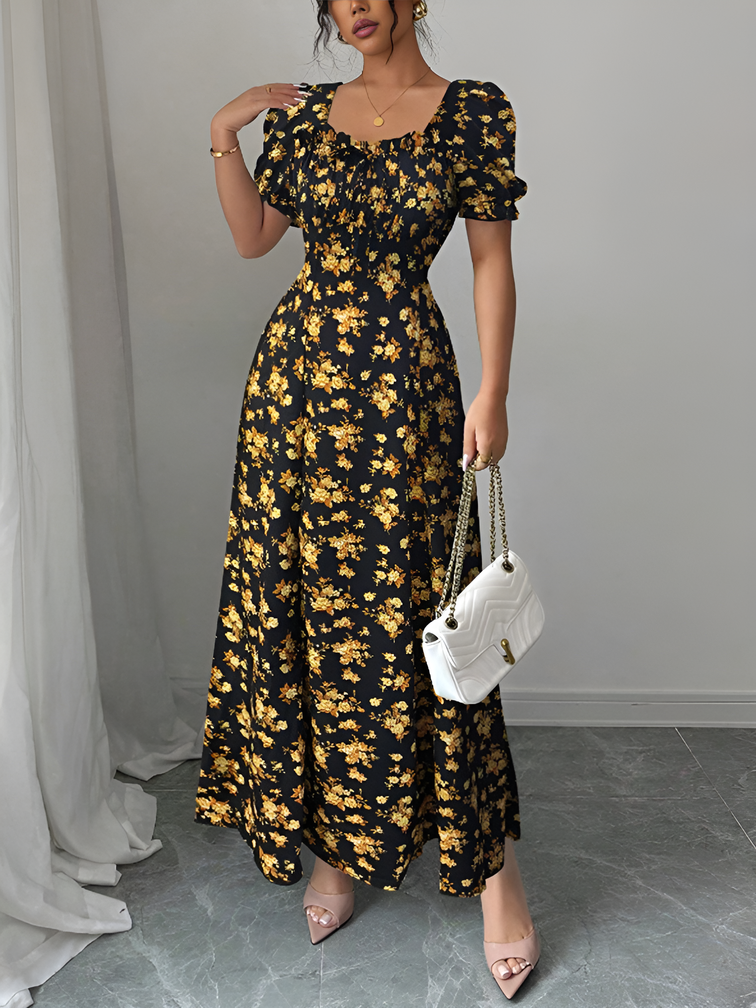 Floral Ruffled Square Neck Puff Sleeves Maxi Dress Gold/XS