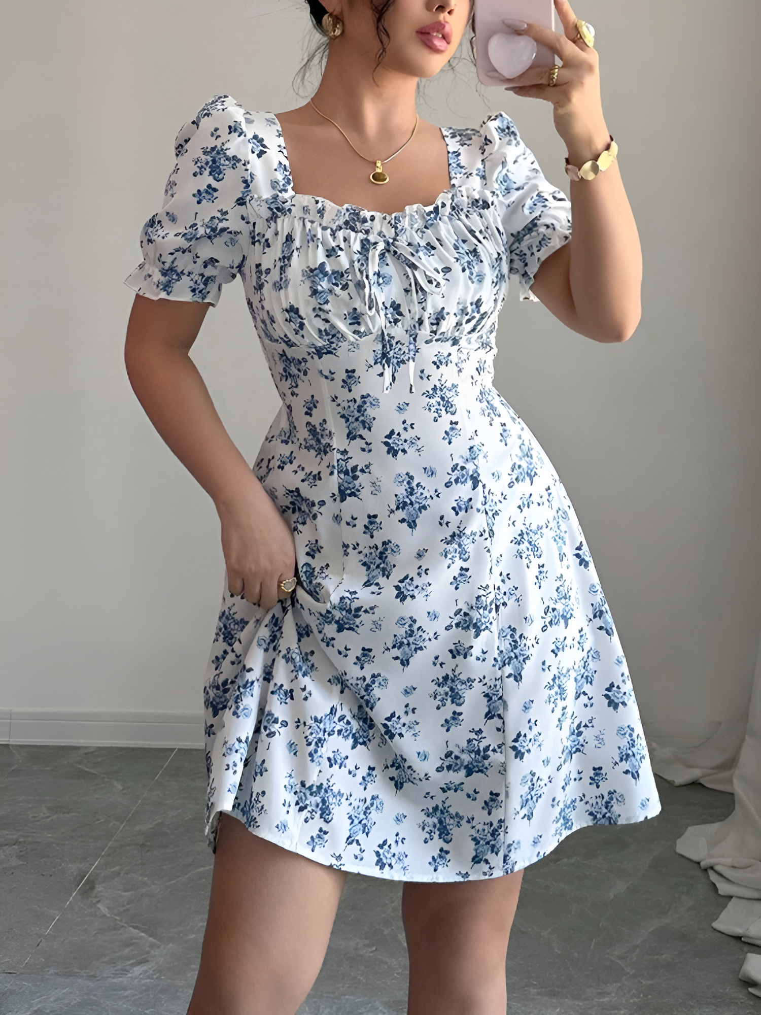 Floral Puff Sleeves Ruffled Smocked Back Mini Dress White/L