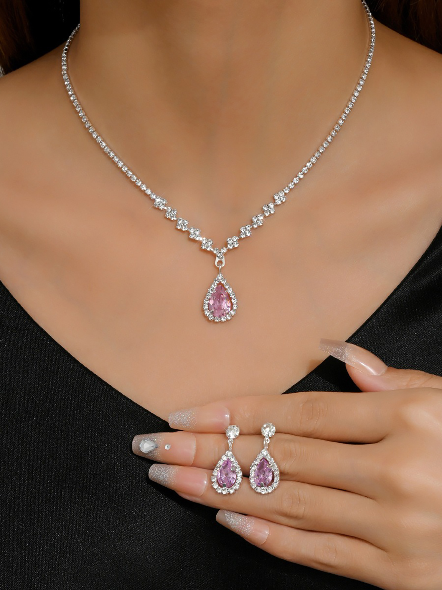 Rhinestone Zirconia Wedding Accessories Necklace and Bracelet Set Pink/M