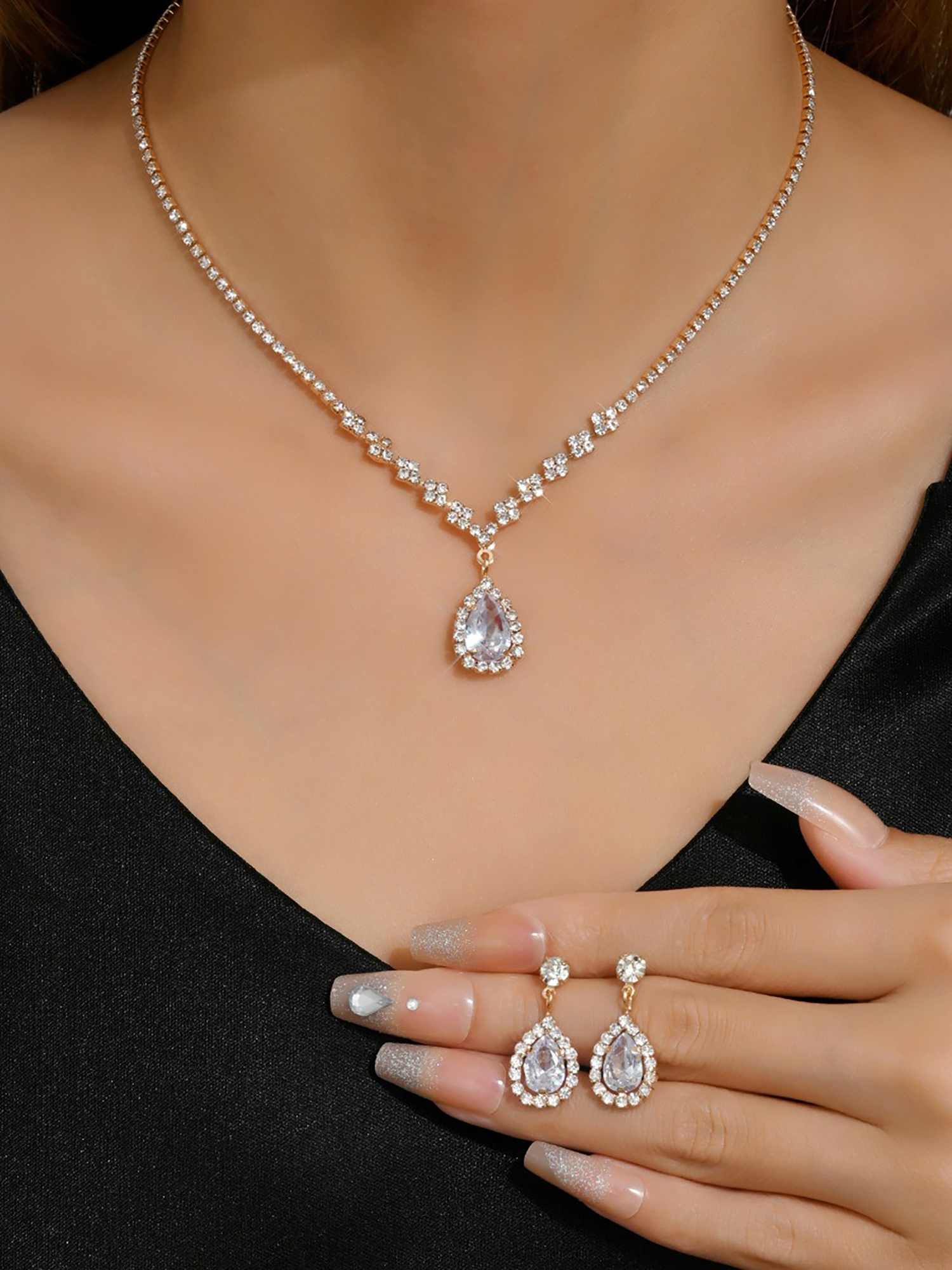 Rhinestone Zirconia Wedding Accessories Necklace and Bracelet Set Gold/M