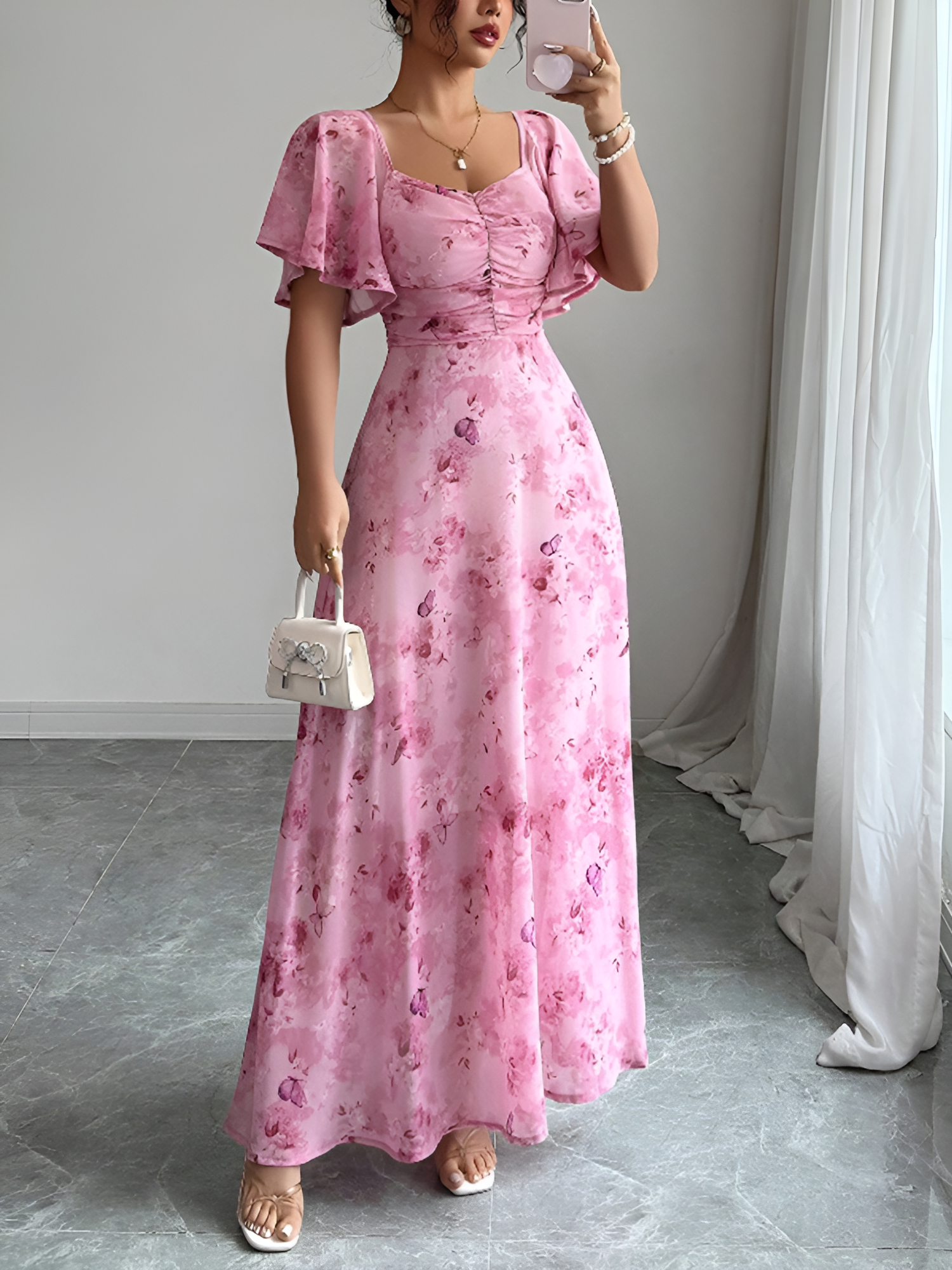 Floral Print Ruffled Sleeve Ruched Wedding Maxi Dress Pink/XL